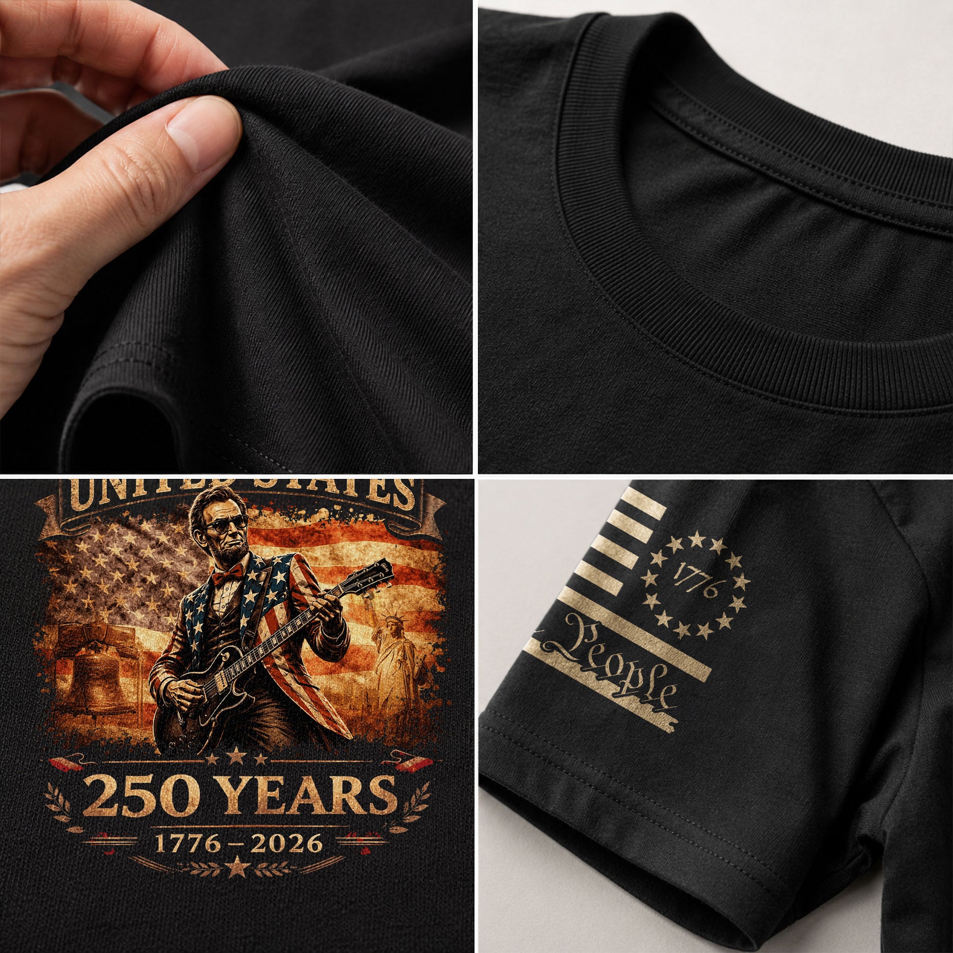 Flag Jacket Lincoln Guitar Shirt Sunglasses Liberty Bell Patriotic 1776 2026 Men Tee - Rust Field Wear