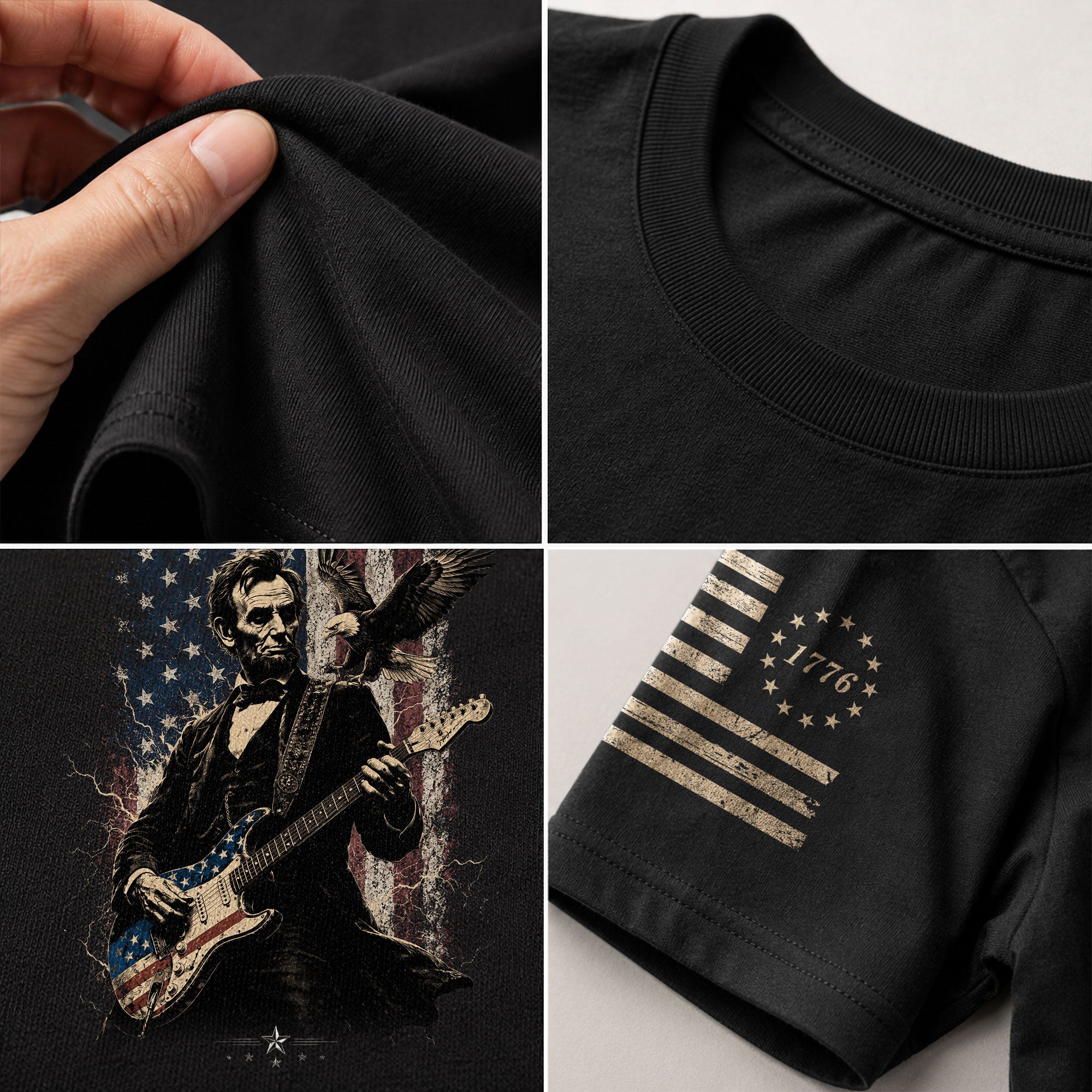 Abraham Lincoln Playing Guitar Shirt Patriotic Eagle US Flag Graphic Tee - Rust Field Wear
