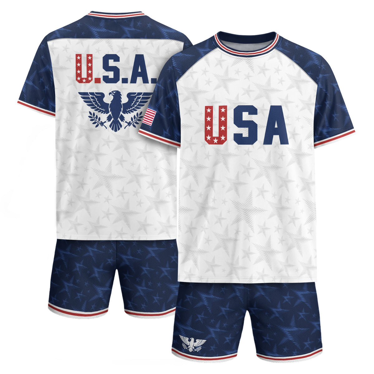 White USA Soccer Jersey Raglan American Flag Shirt Patriotic Eagle Crest Soccer Fan Tee - Rust Field Wear