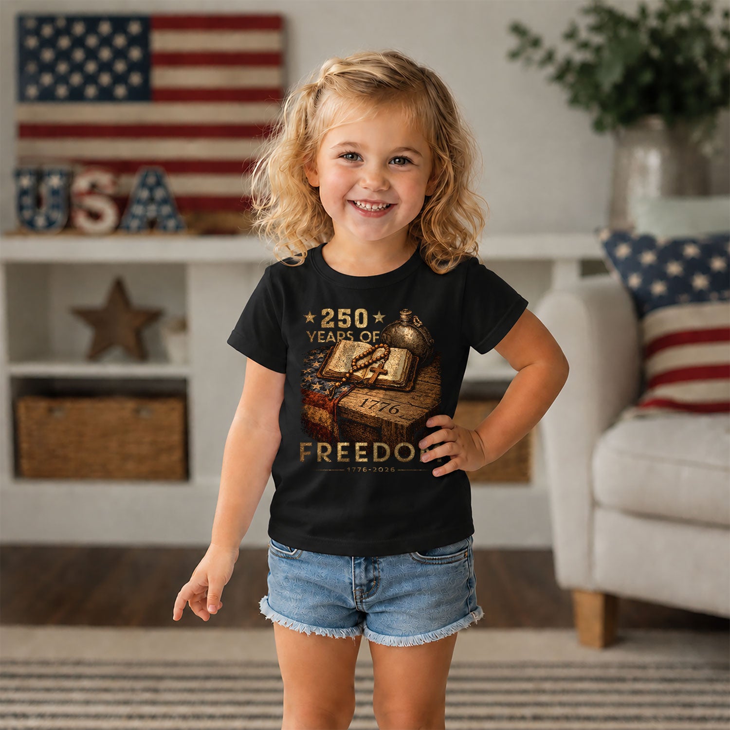 250 Years of Freedom Kids Tee 1776–2026 Faith and Patriotism Graphic Shirt