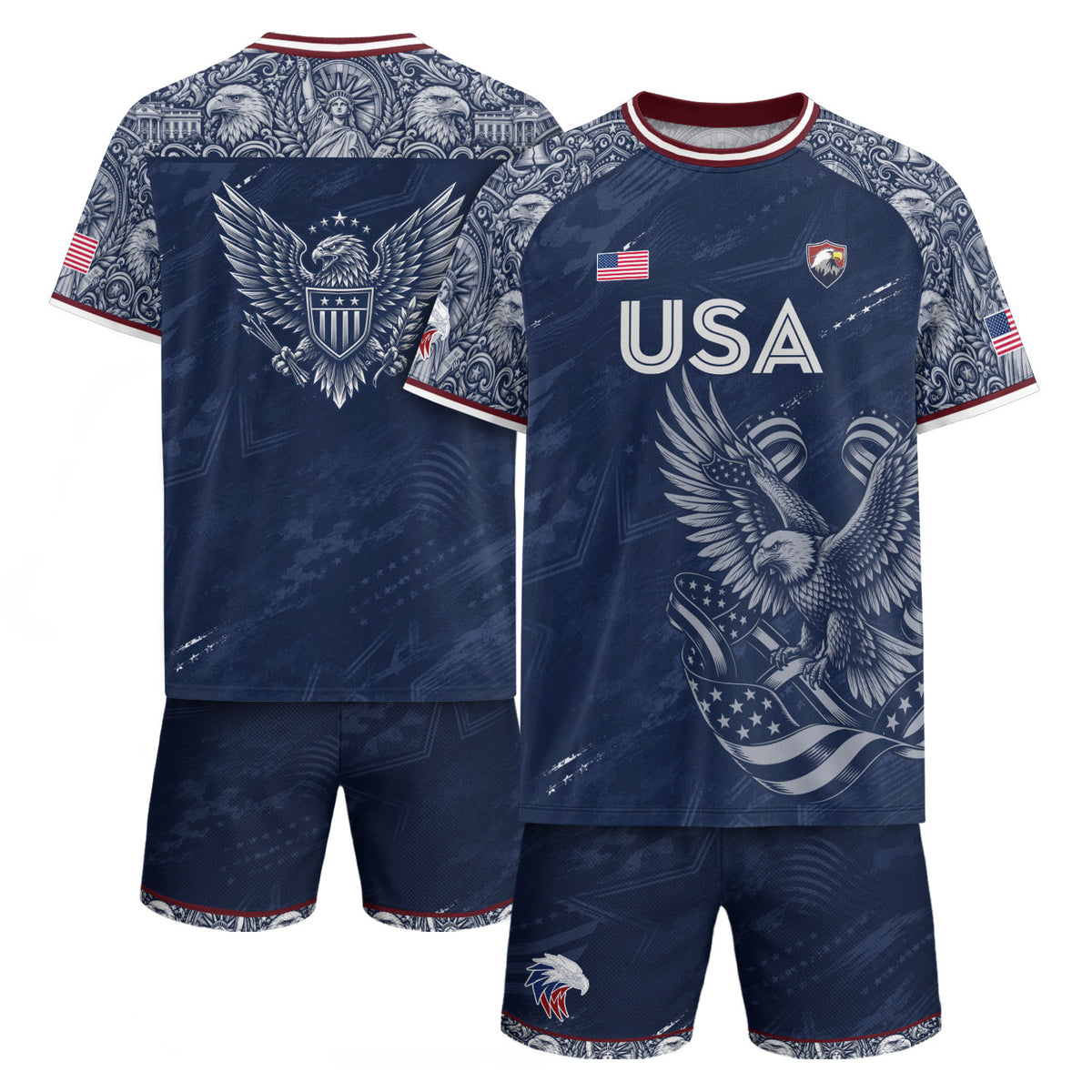 Patriotic Landmark Print USA Soccer Jersey Adult Navy United States Fan Shirt Men - Rust Field Wear