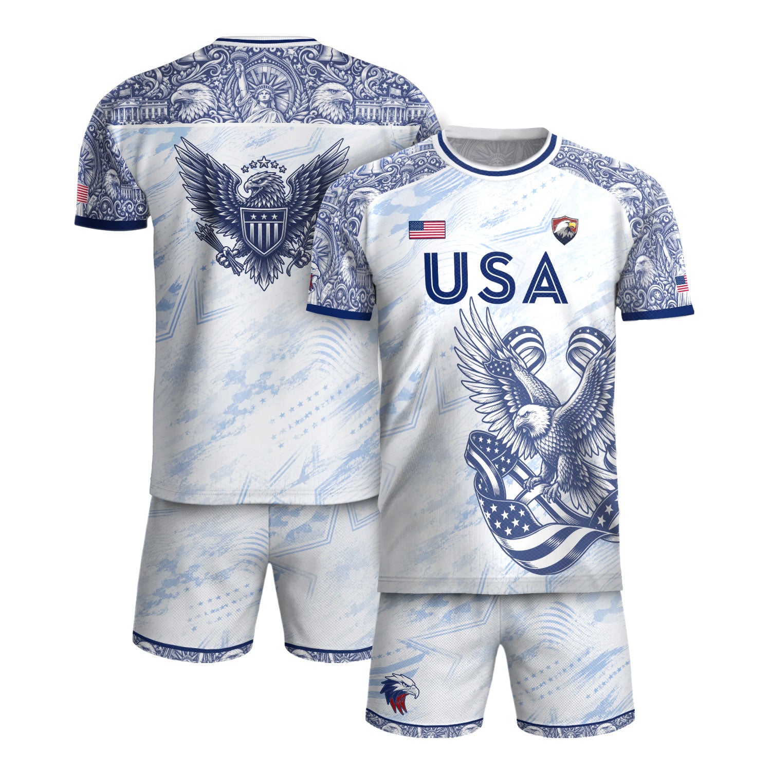 Athletic White Blue USA Soccer Jersey Adult Patriotic Eagle United States Team Shirt