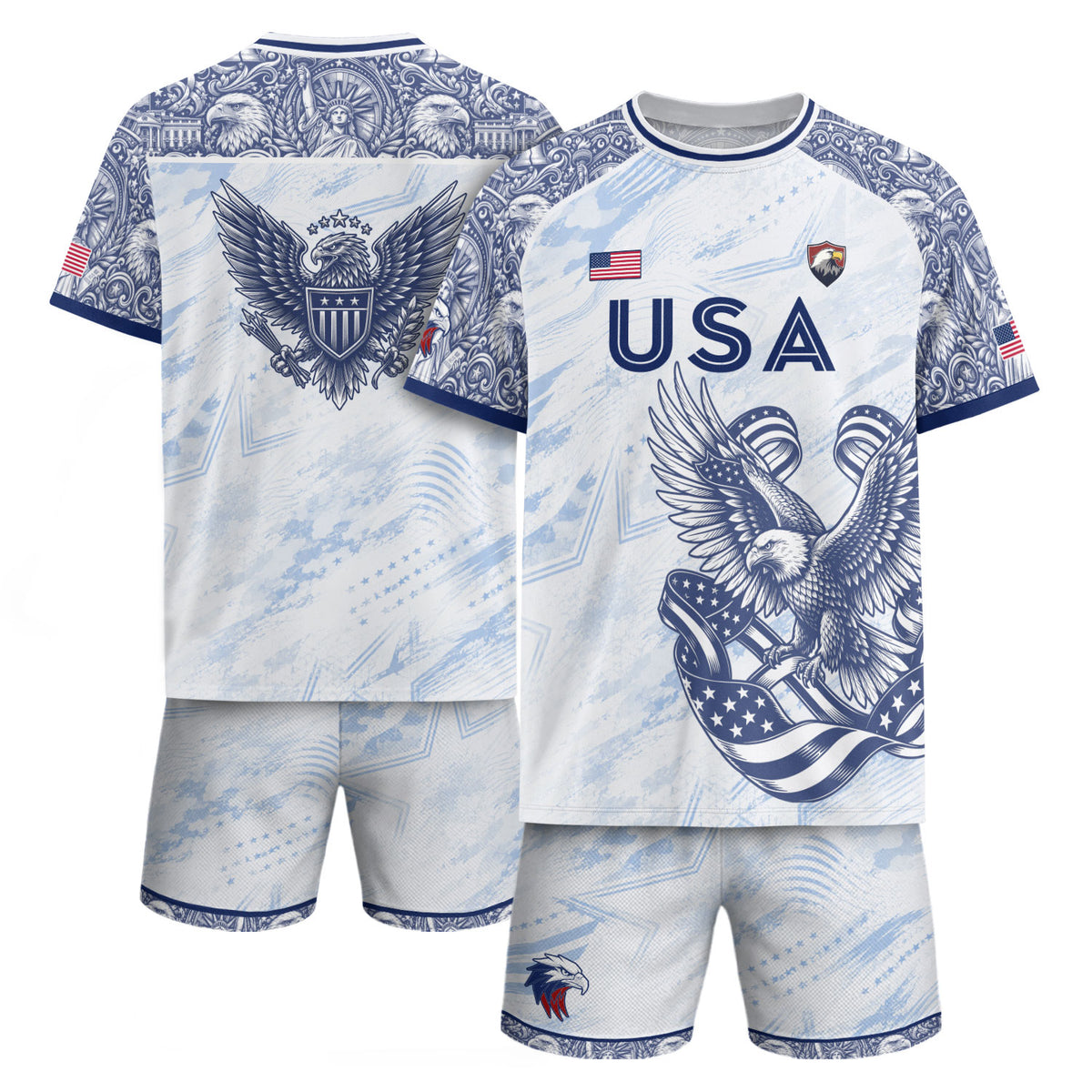 Athletic White Blue USA Soccer Jersey Adult Patriotic Eagle United States Team Shirt - Rust Field Wear