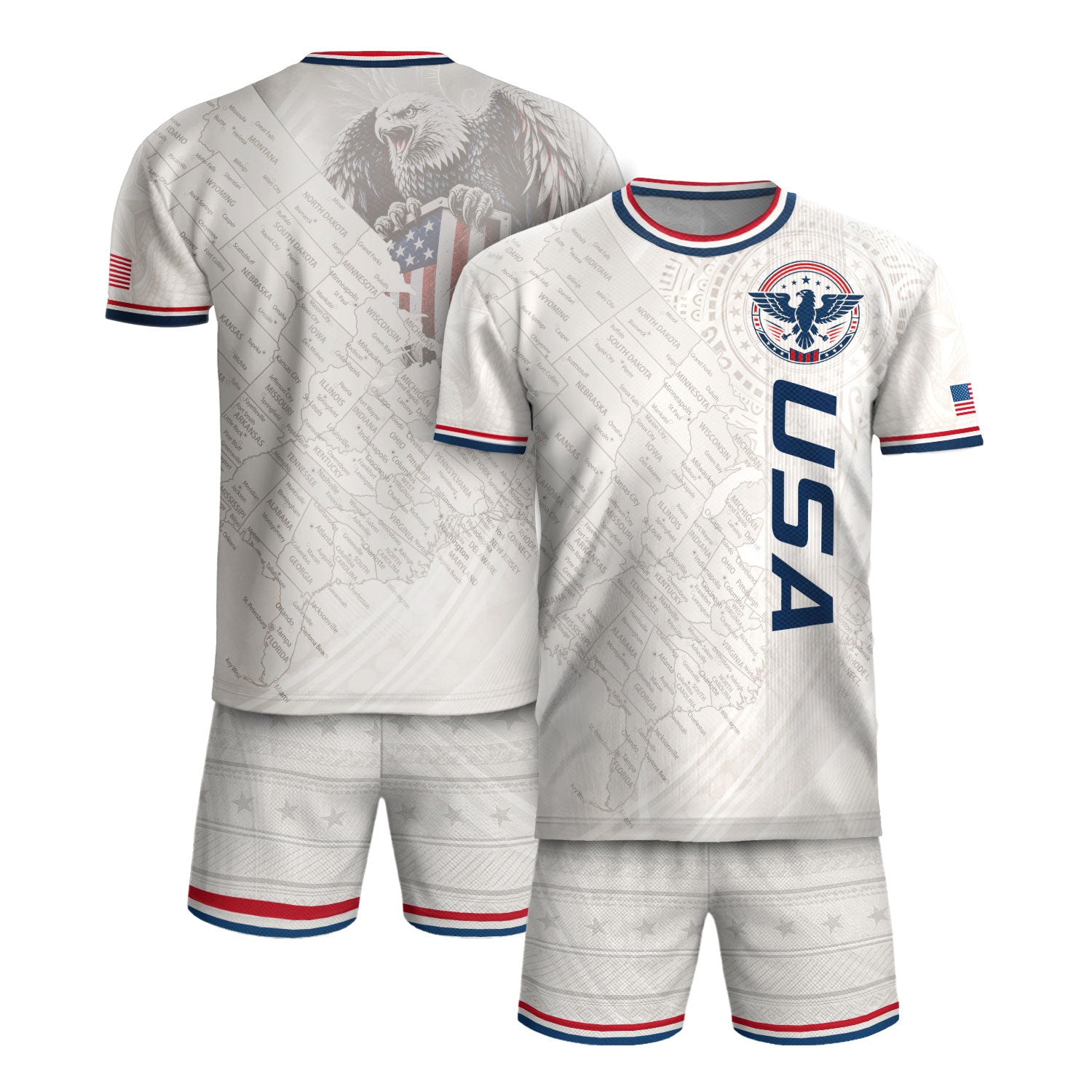 USA Soccer Jersey White US Map American Flag Shirt Patriotic Eagle Soccer Fan Tee