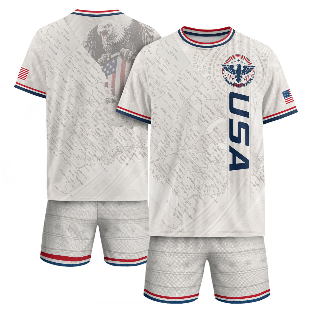 USA Soccer Jersey White US Map American Flag Shirt Patriotic Eagle Soccer Fan Tee
