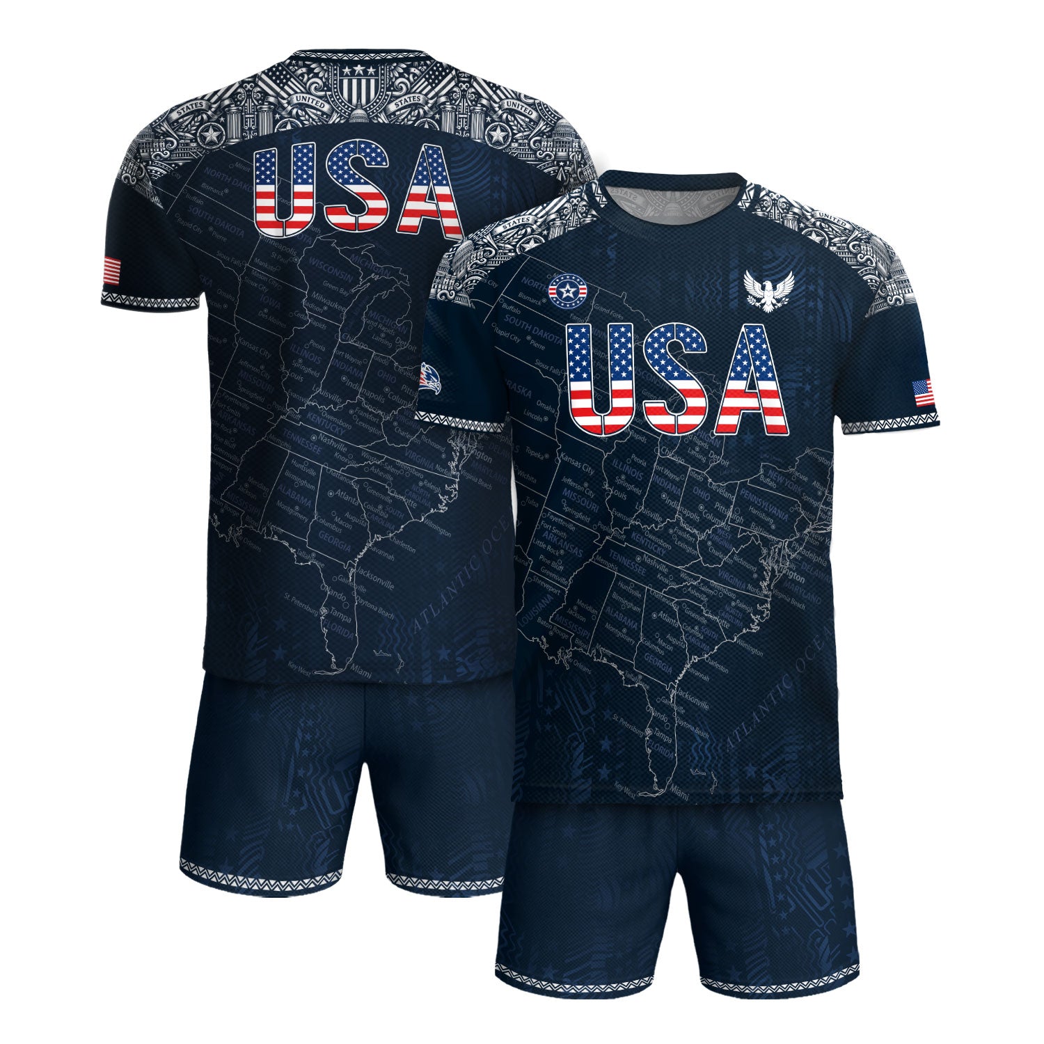 Navy USA Soccer Jersey Flag Pattern US Map American Shirt Patriotic Stars Stripes