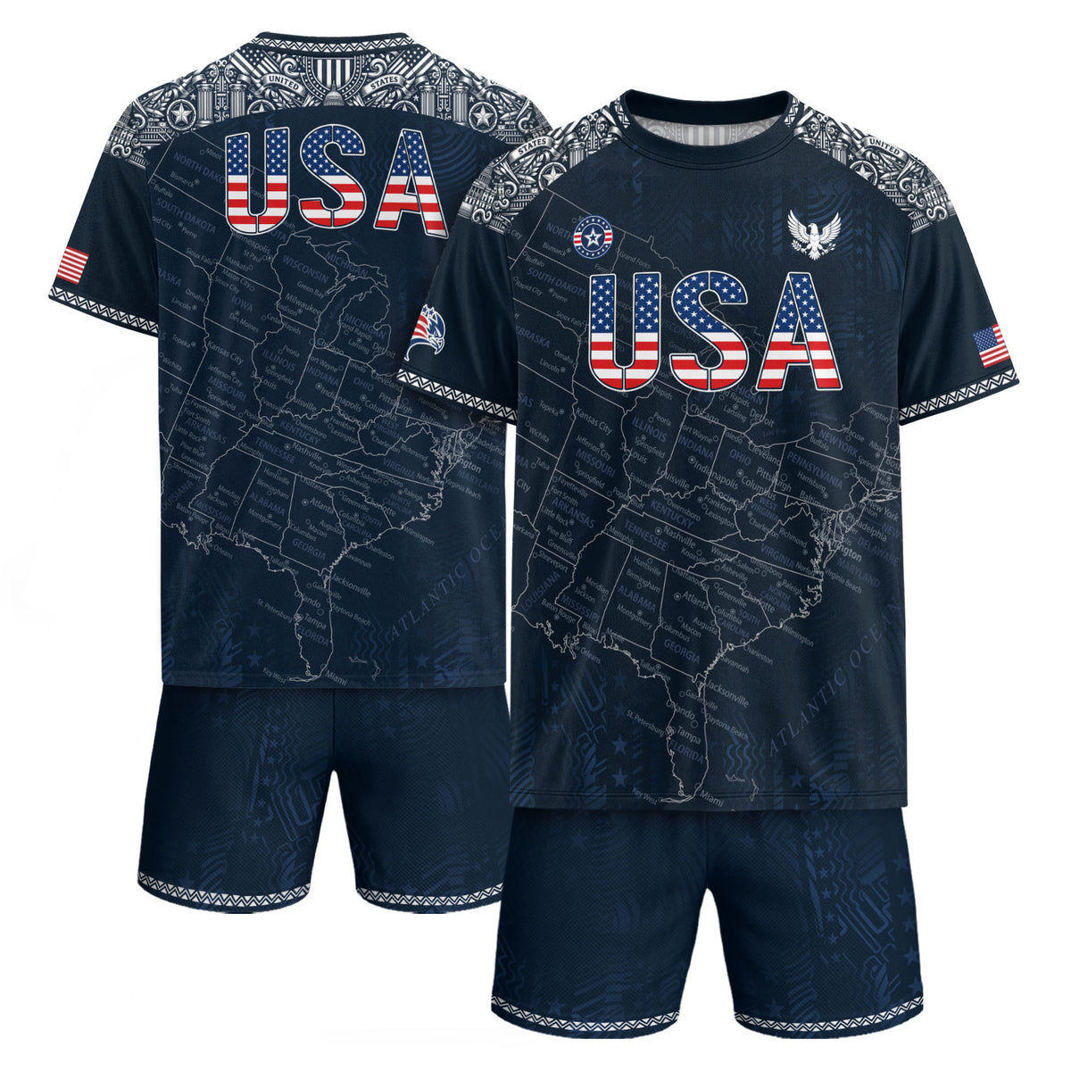 Navy USA Soccer Jersey Flag Pattern US Map American Shirt Patriotic Stars Stripes - Rust Field Wear