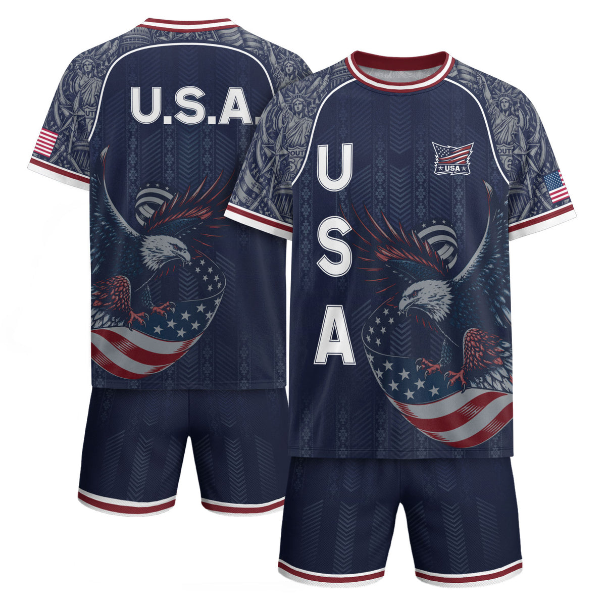 Navy Blue USA Soccer Jersey Bald Eagle Football Shirt Patriotic American Flag Sports Fan Apparel for Men - Rust Field Wear