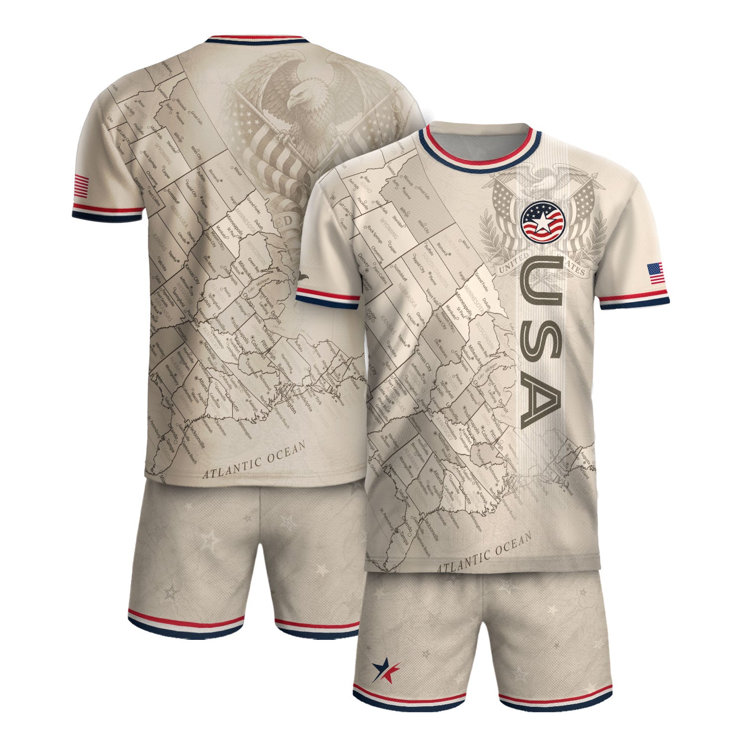 USA Soccer Jersey Navy Vintage US Map American Flag Shirt Patriotic Beige Soccer Fan