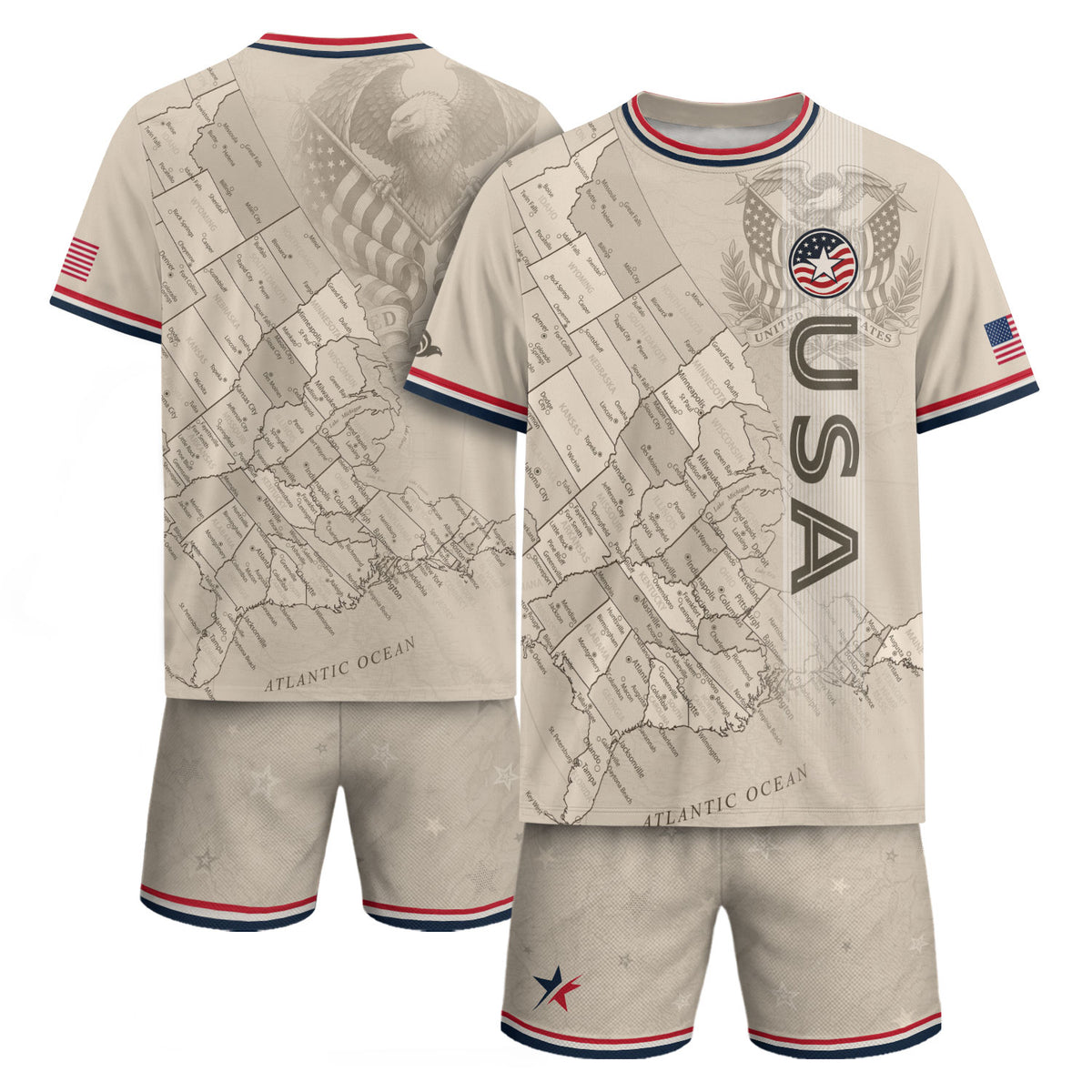 USA Soccer Jersey Navy Vintage US Map American Flag Shirt Patriotic Beige Soccer Fan - Rust Field Wear
