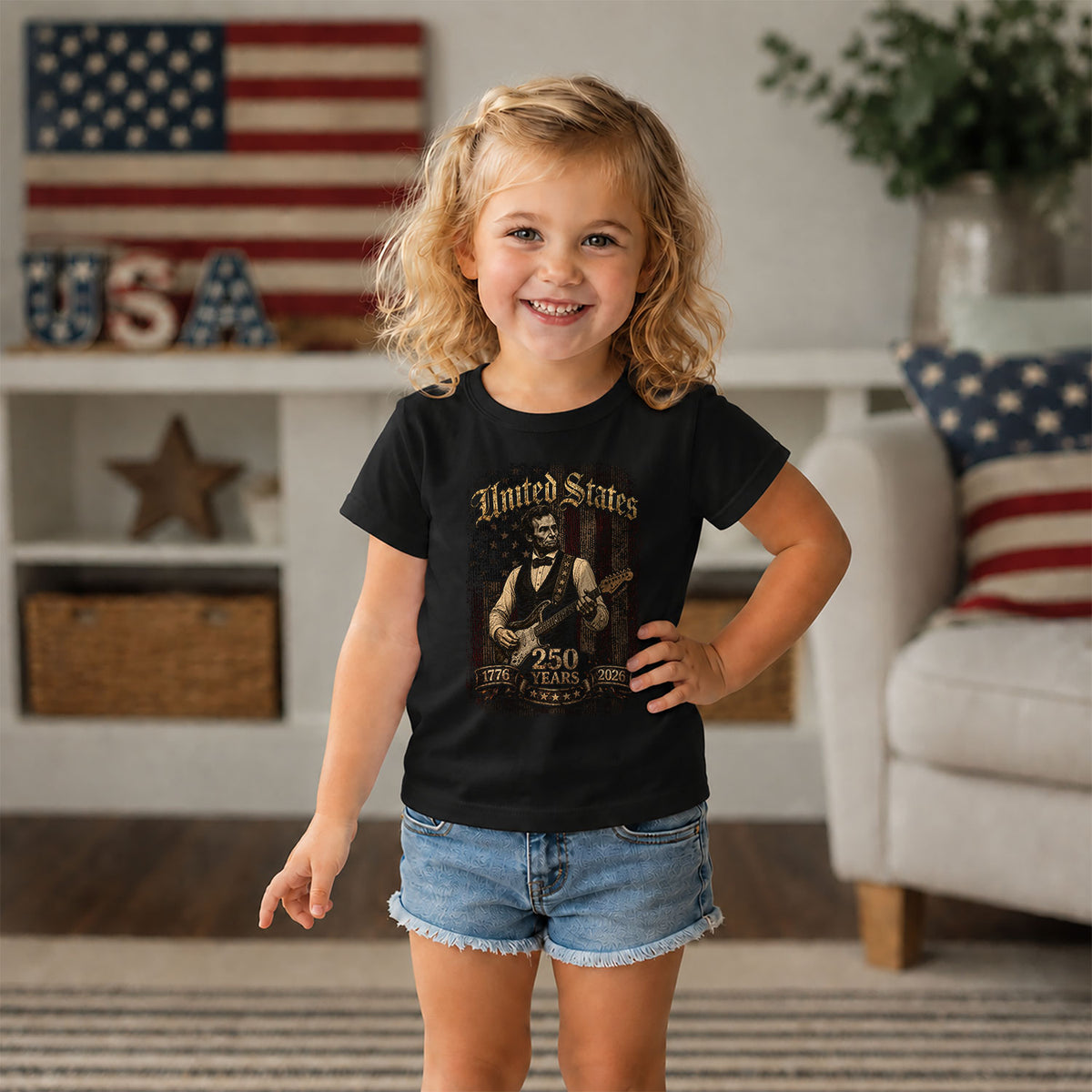 T-Shirt Kid Abraham Lincoln Guitar 1776-2026 Patriotic America 250 Years Youth Top - Rust Field Wear