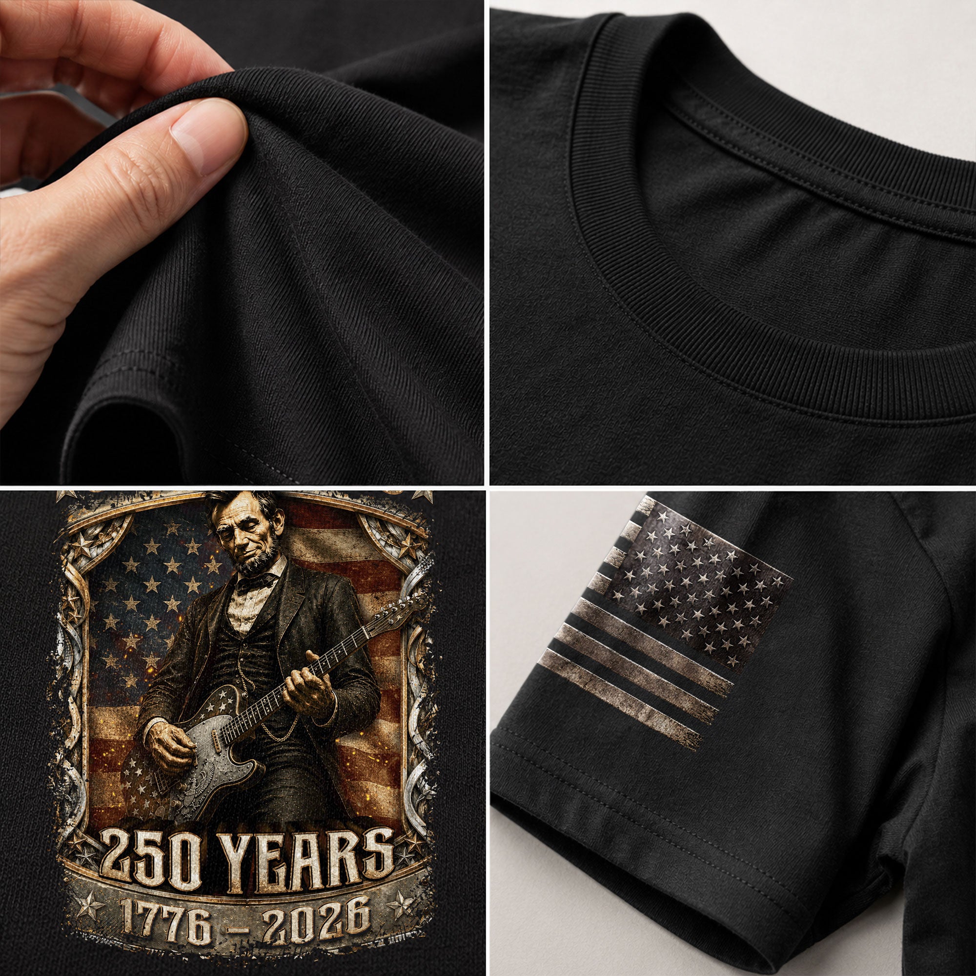 Abraham Lincoln T-Shirt Playing Guitar 1776 2026 Patriotic US Flag Retro Graphic Tee - Rust Field Wear