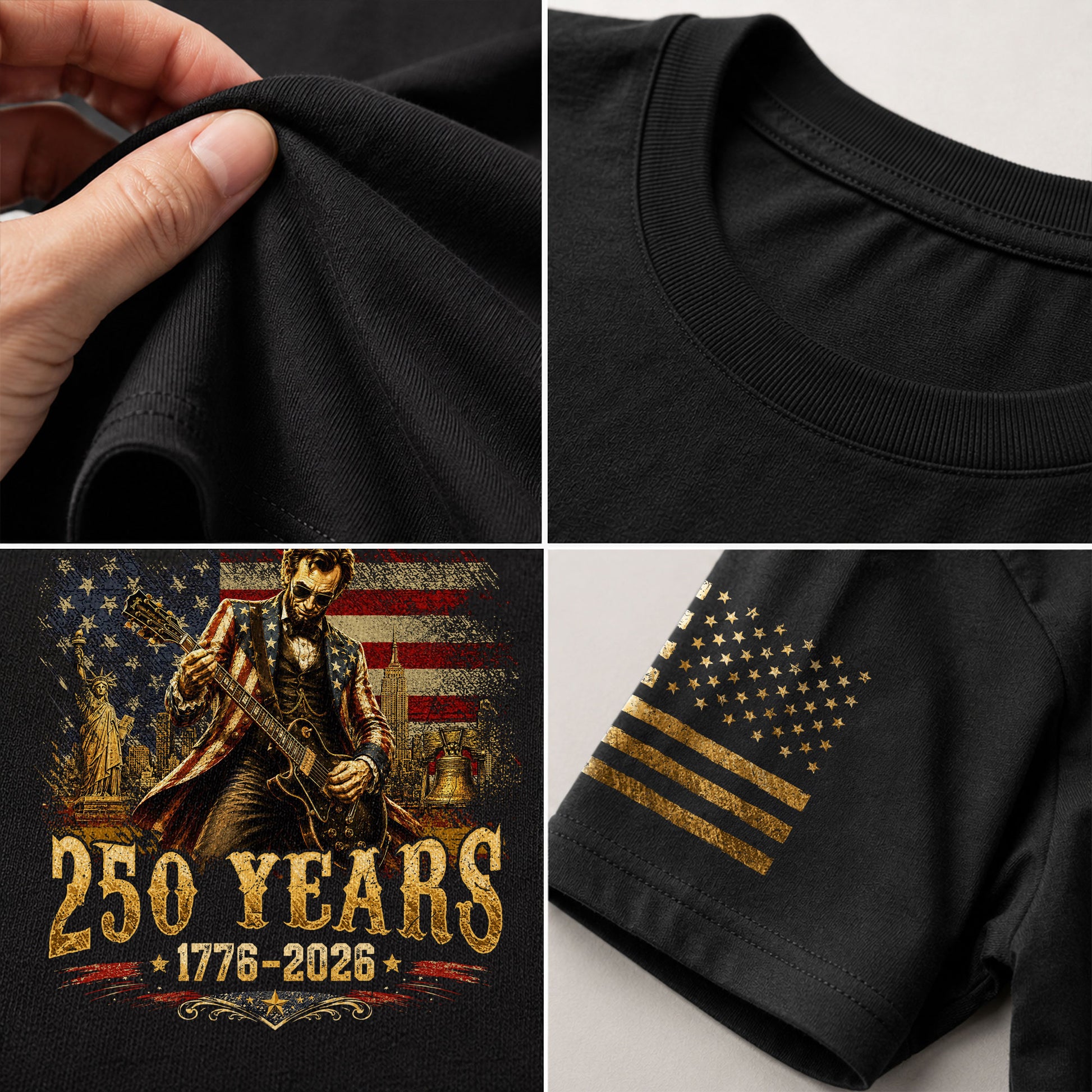 Abraham Lincoln T-Shirt Playing Guitar 1776 2026 Patriotic Statue Liberty Graphic Tee - Rust Field Wear