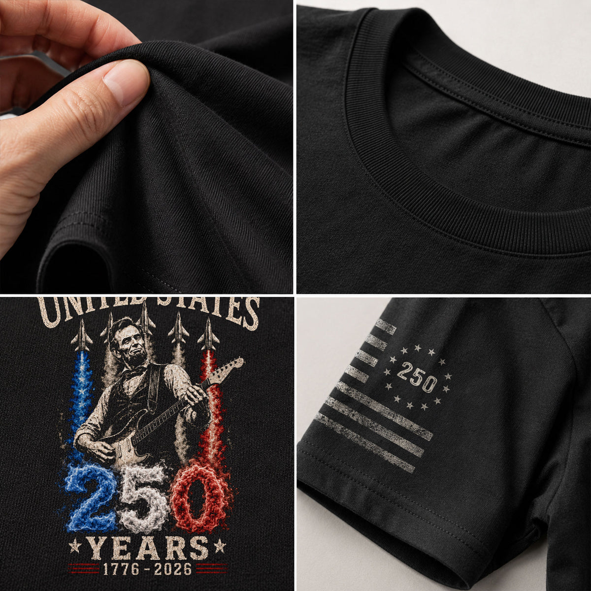 Mens T Shirt Patriotic Abraham Lincoln Guitar 1776-2026 250 Years Fighter Jet Rock Tee - Rust Field Wear