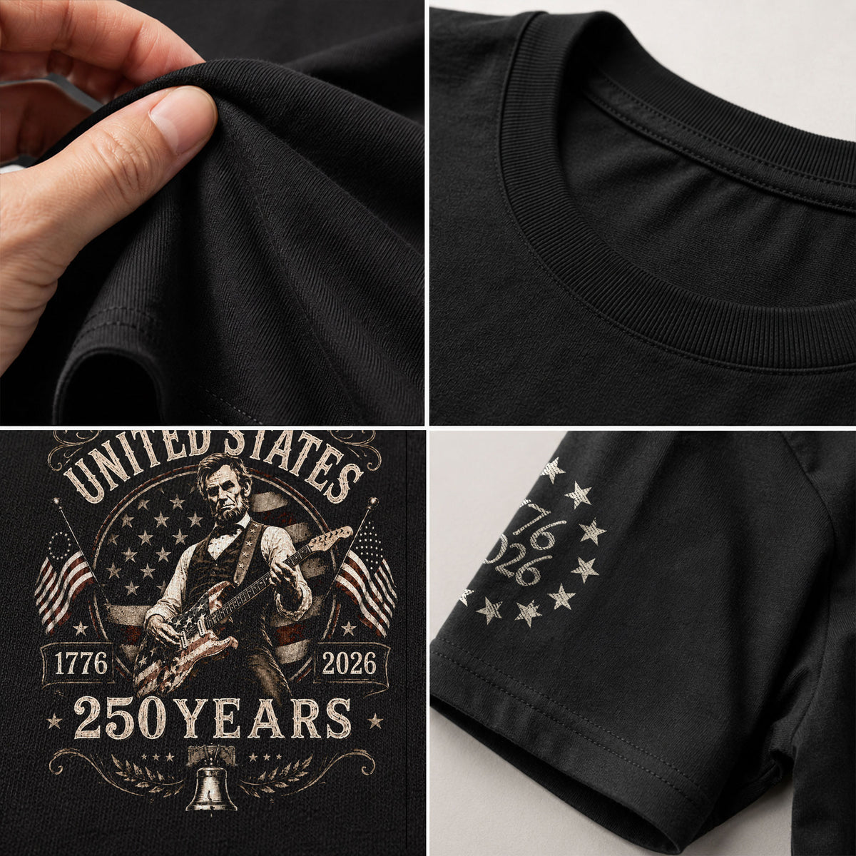 Mens T Shirt Patriotic 250 Years 1776-2026 Vintage Abraham Lincoln Guitarist Graphic Tee - Rust Field Wear
