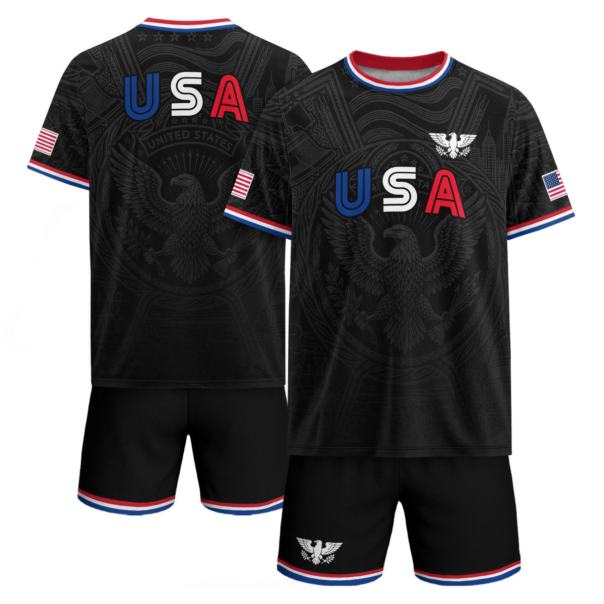 USA Patriotic Soccer Jersey Adult Black Eagle American Flag Independence Day Shirt