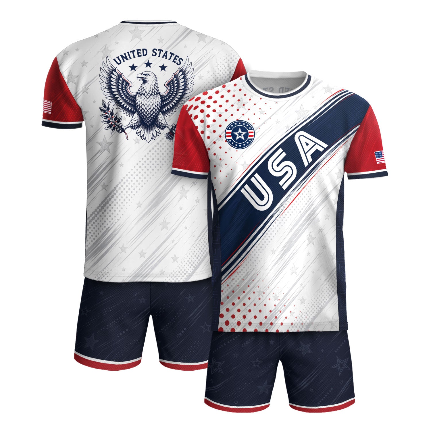 Adult USA Soccer Jersey White Navy Patriotic Diagonal Sash Polka Dot United States Tee