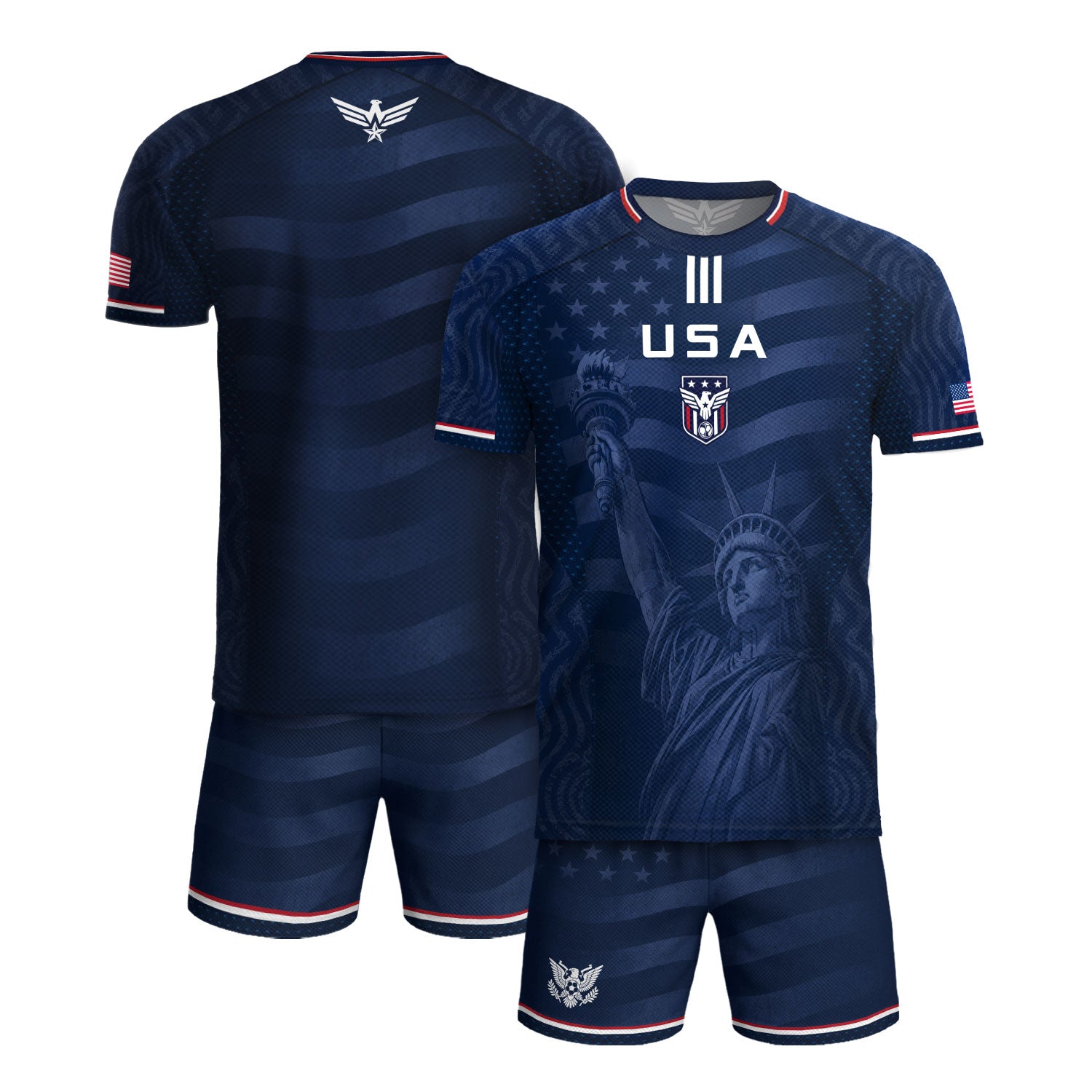 Adult USA Soccer Jersey Navy Patriotic Statue of Liberty Artistic Graphic Football Tee