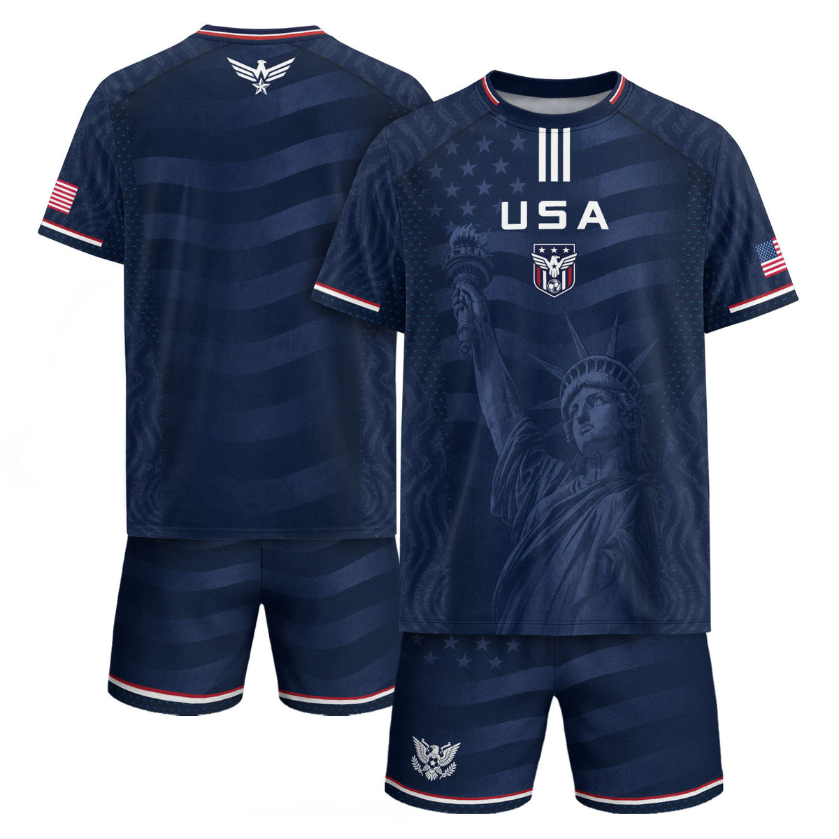 Adult USA Soccer Jersey Navy Patriotic Statue of Liberty Artistic Graphic Football Tee - Rust Field Wear