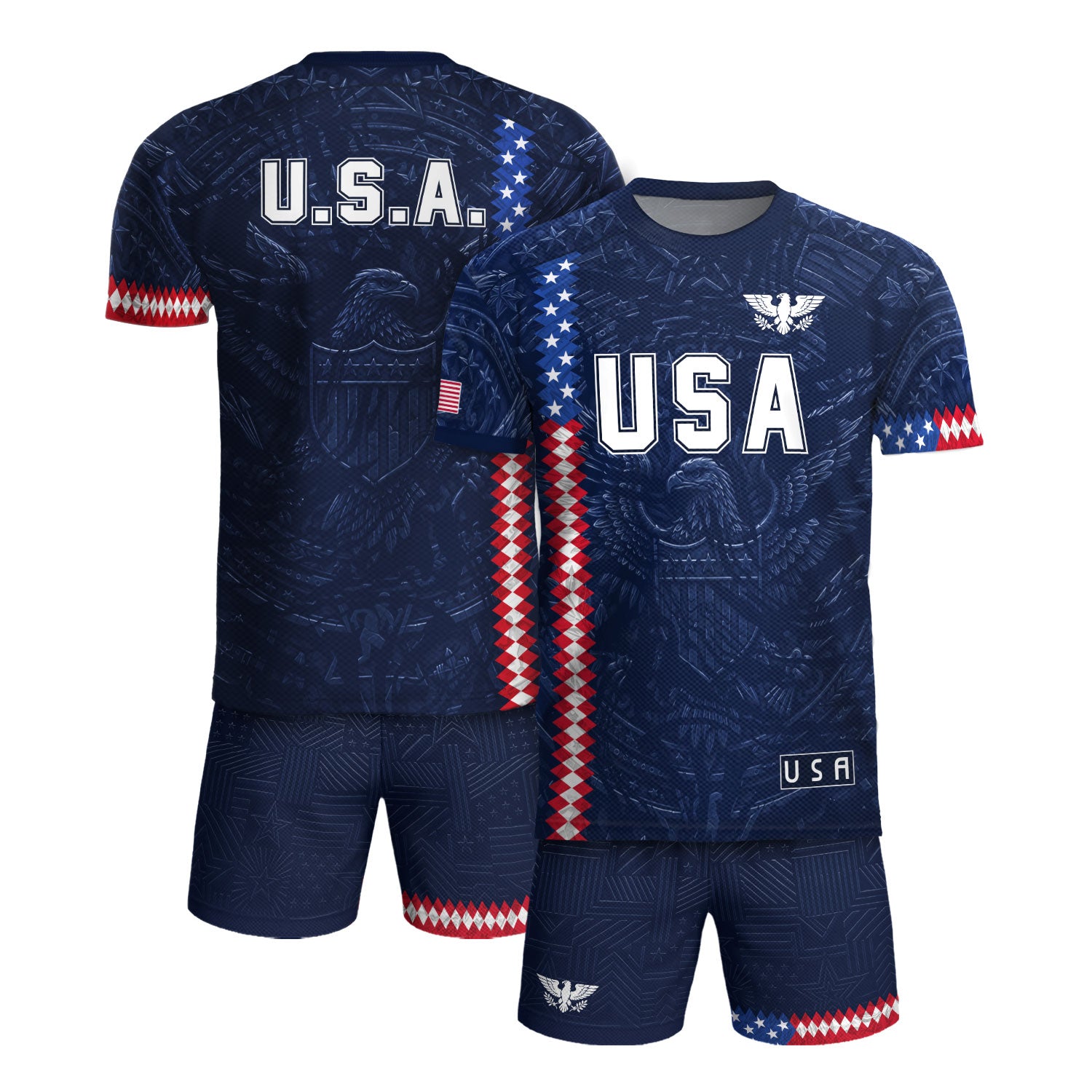 USA Soccer Jersey Men Navy Blue Eagle Flag Pattern Patriotic Football Shirt