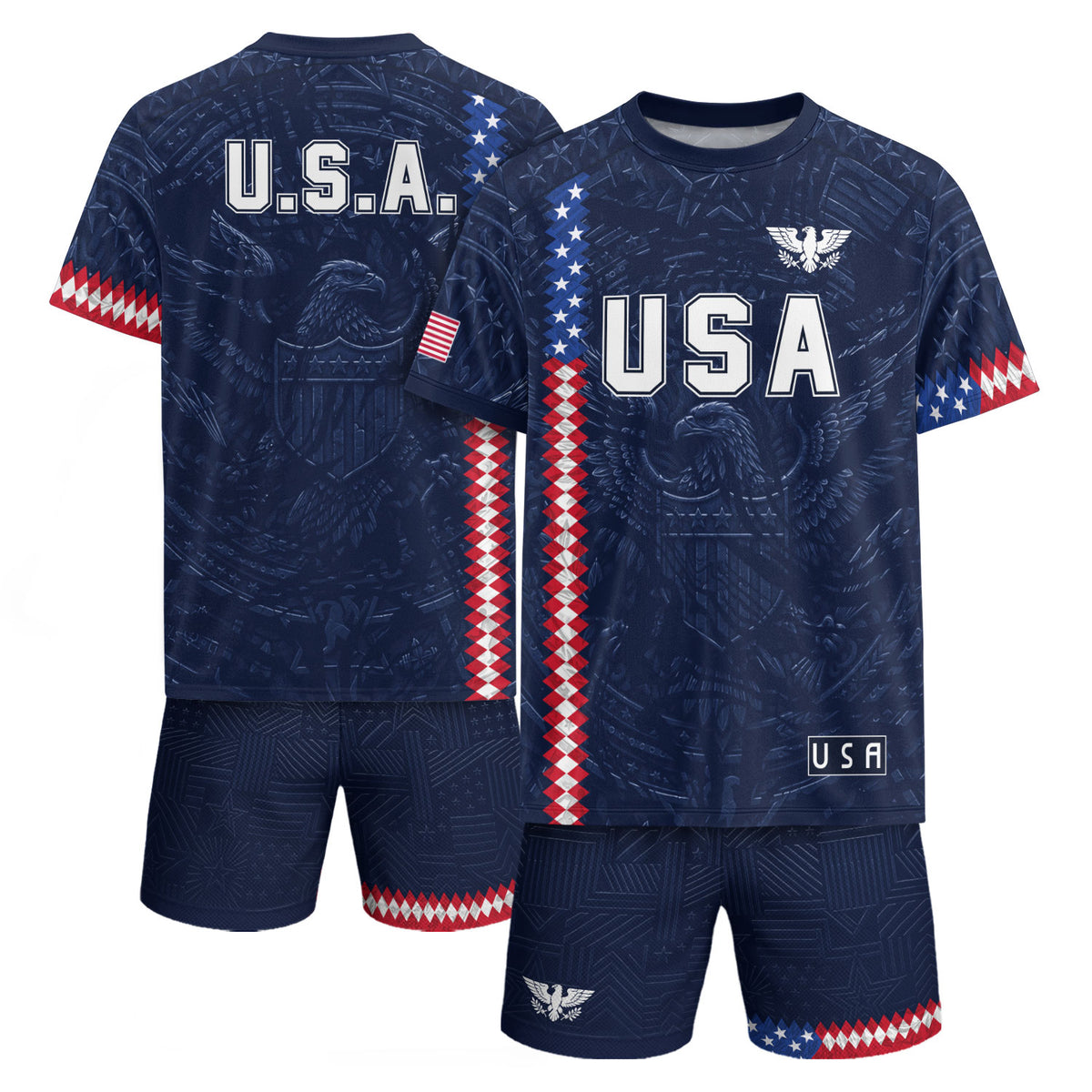 USA Soccer Jersey Men Navy Blue Eagle Flag Pattern Patriotic Football Shirt