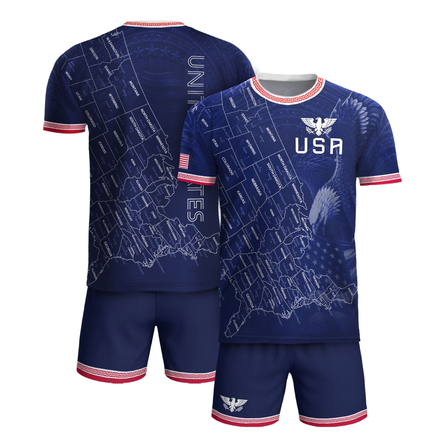 USA Soccer Jersey Men Navy Blue Eagle Map Graphic Patriotic Football T-Shirt