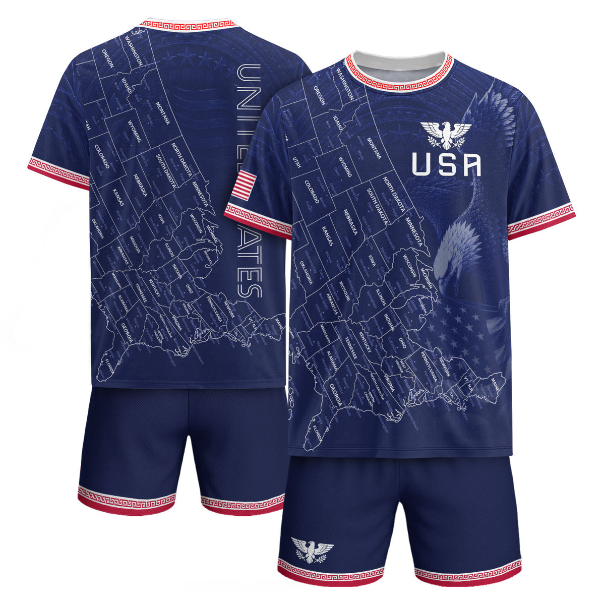 USA Soccer Jersey Men Navy Blue Eagle Map Graphic Patriotic Football T-Shirt