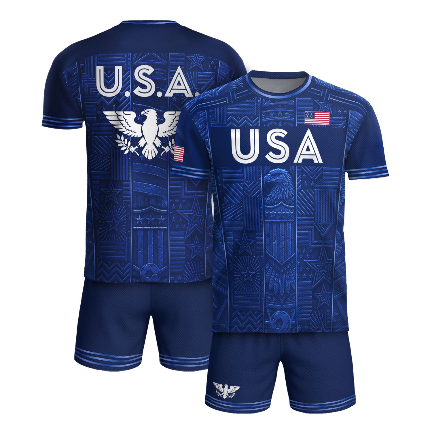 USA Soccer Jersey Men Navy Blue Eagle Star Pattern Patriotic Football T-Shirt