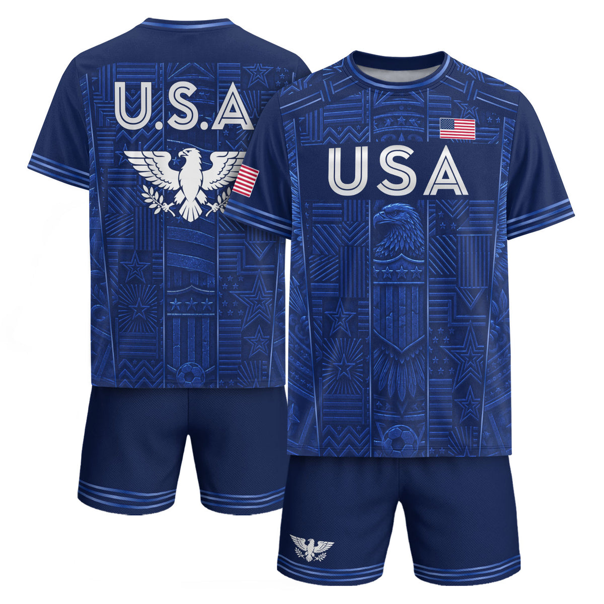 USA Soccer Jersey Men Navy Blue Eagle Star Pattern Patriotic Football T-Shirt