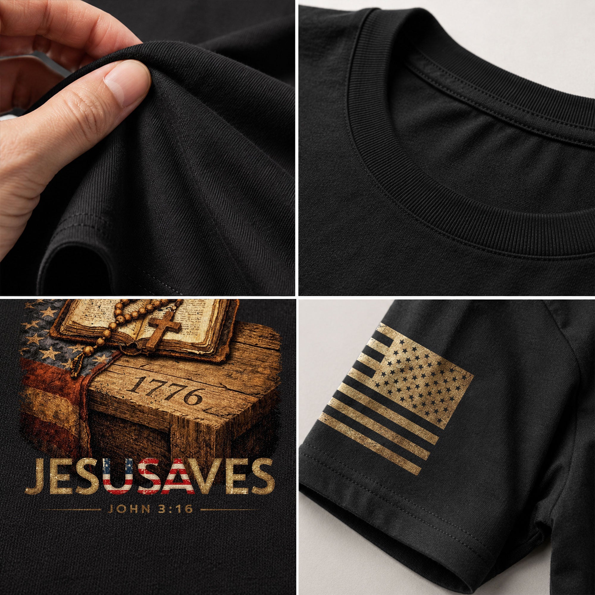 JESUSAVES 1776 Patriotic T-Shirt - Vintage American Flag Graphic Tee - Casual Apparel - Rust Field Wear