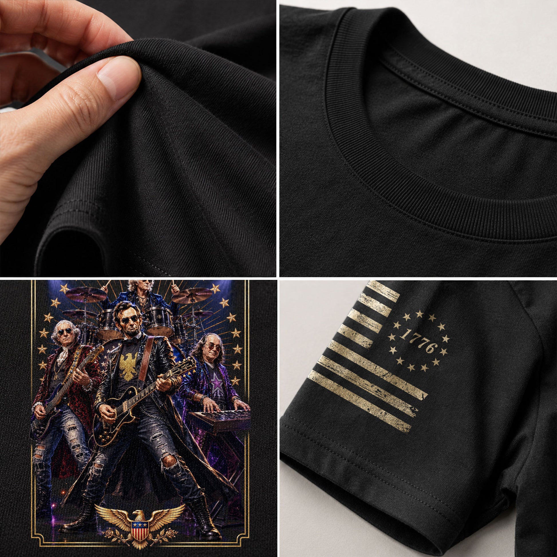 Patriotic Lincoln Guitar Player T-Shirt Vintage Rock Band Graphic Sleeve Tee - Rust Field Wear