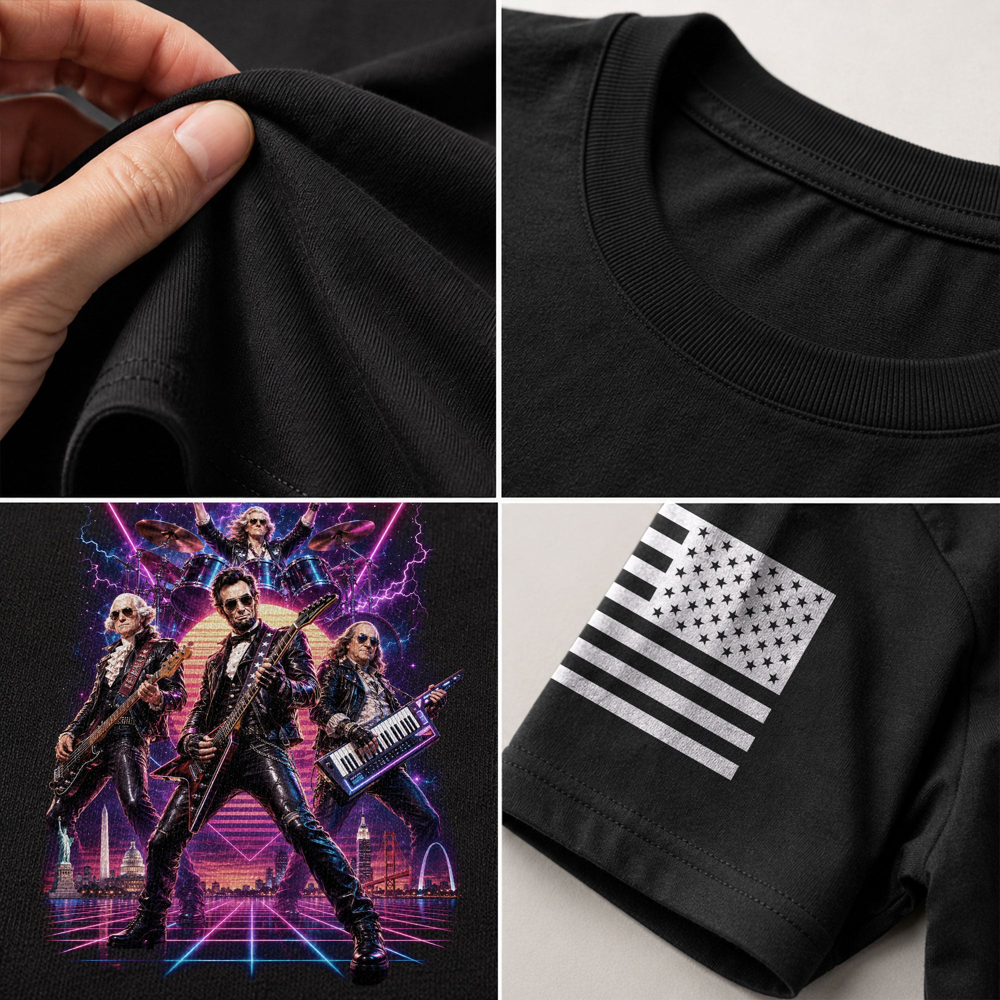 Retro Lincoln Guitar Player T-Shirt Neon Synthwave Rock Band Graphic Tee Gift - Rust Field Wear