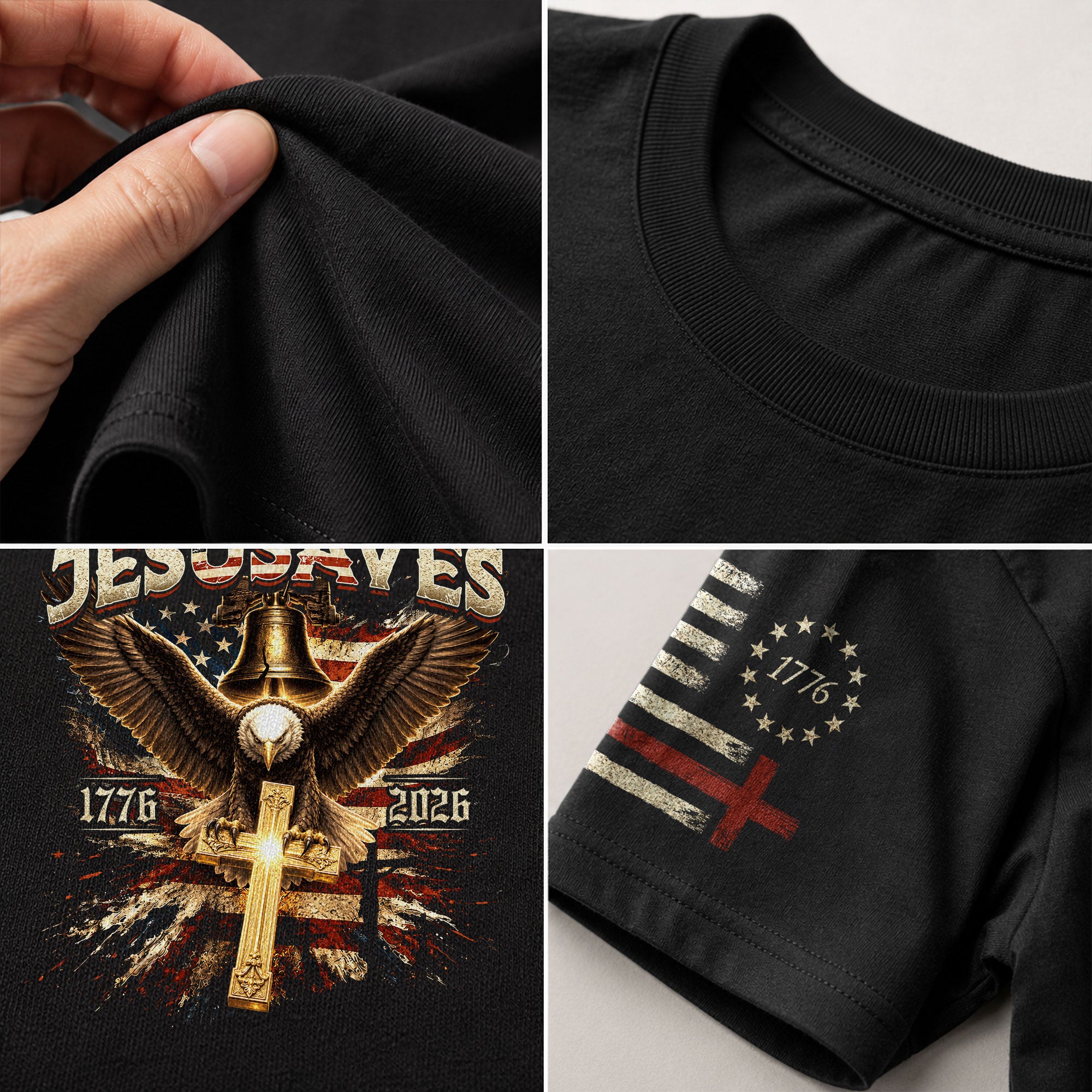 JESUSAVES T-Shirt Patriotic 1776 2026 Liberty Bell Bald Eagle Christian Cross Tee - Rust Field Wear