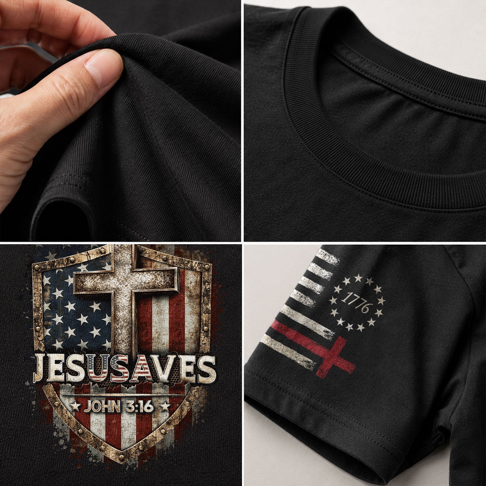 JESUSAVES T-Shirt Patriotic Shield Christian Cross American Flag John 3:16 Graphic Tee - Rust Field Wear