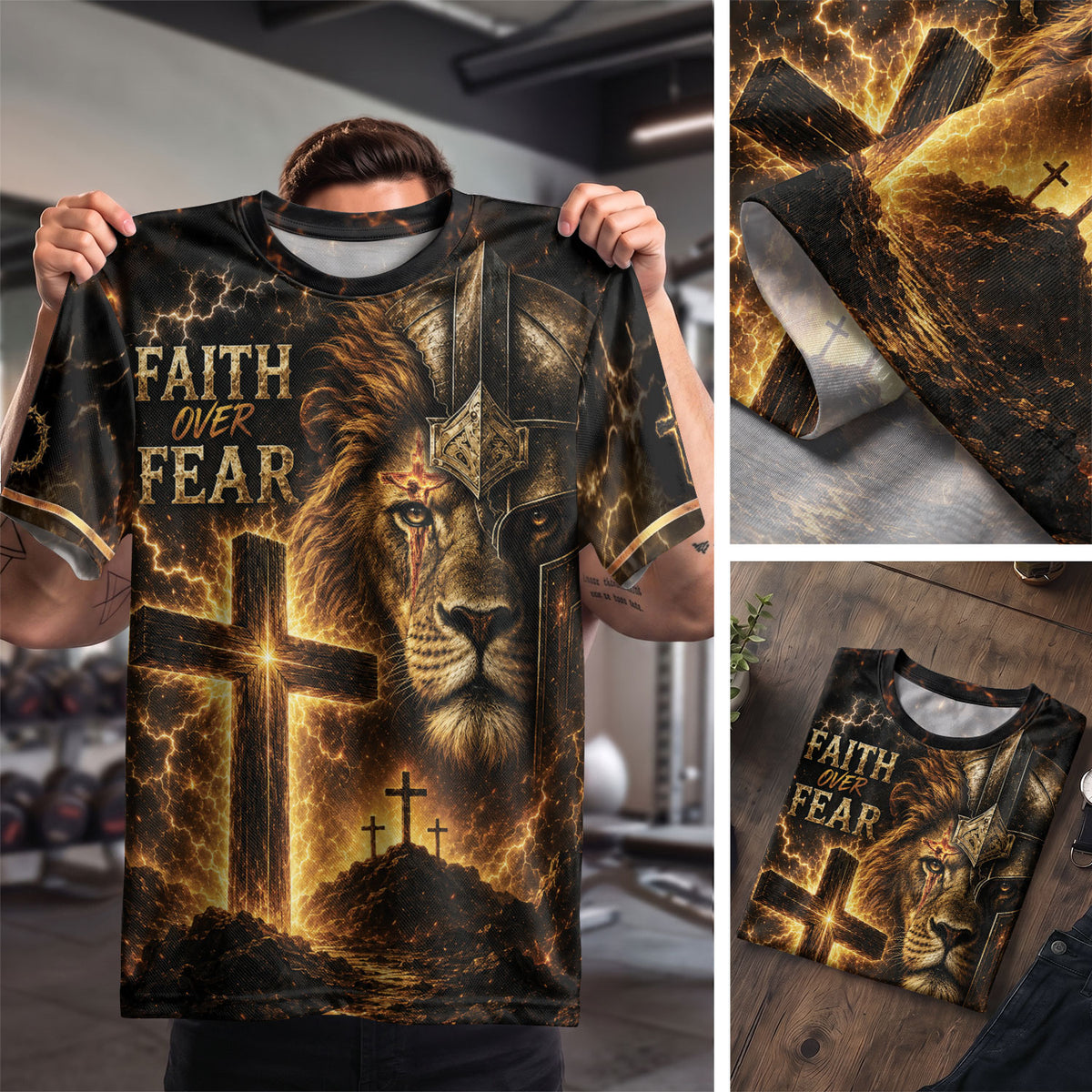 Faith Over Fear Lion Cross Warrior 3D Graphic Christian T Shirt Apparel Men Clothing - Rust Field Wear