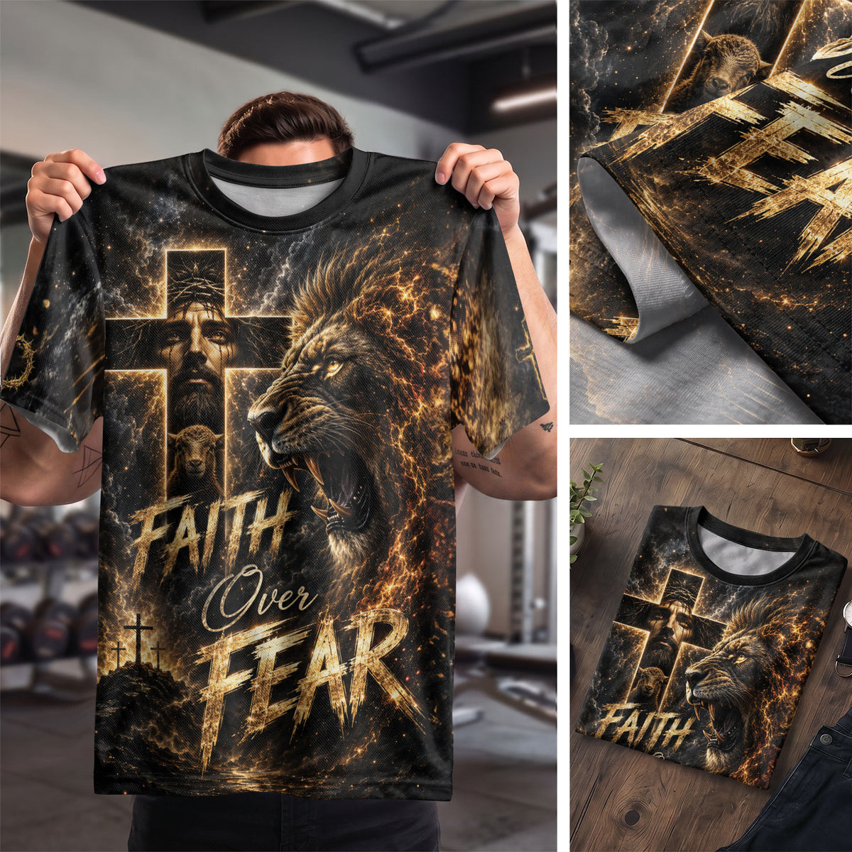 Faith Over Fear Jesus Lion Cross 3D Graphic Christian T Shirt Apparel Men Clothing - Rust Field Wear