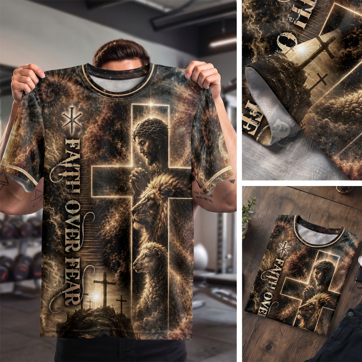 Jesus Lion Cross Faith Over Fear 3D Graphic Christian T Shirt Apparel Men Clothing - Rust Field Wear