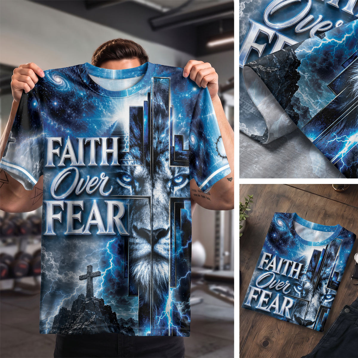 Faith Over Fear Lightning Lion Cross 3D Graphic Christian T Shirt Apparel Men Clothing - Rust Field Wear