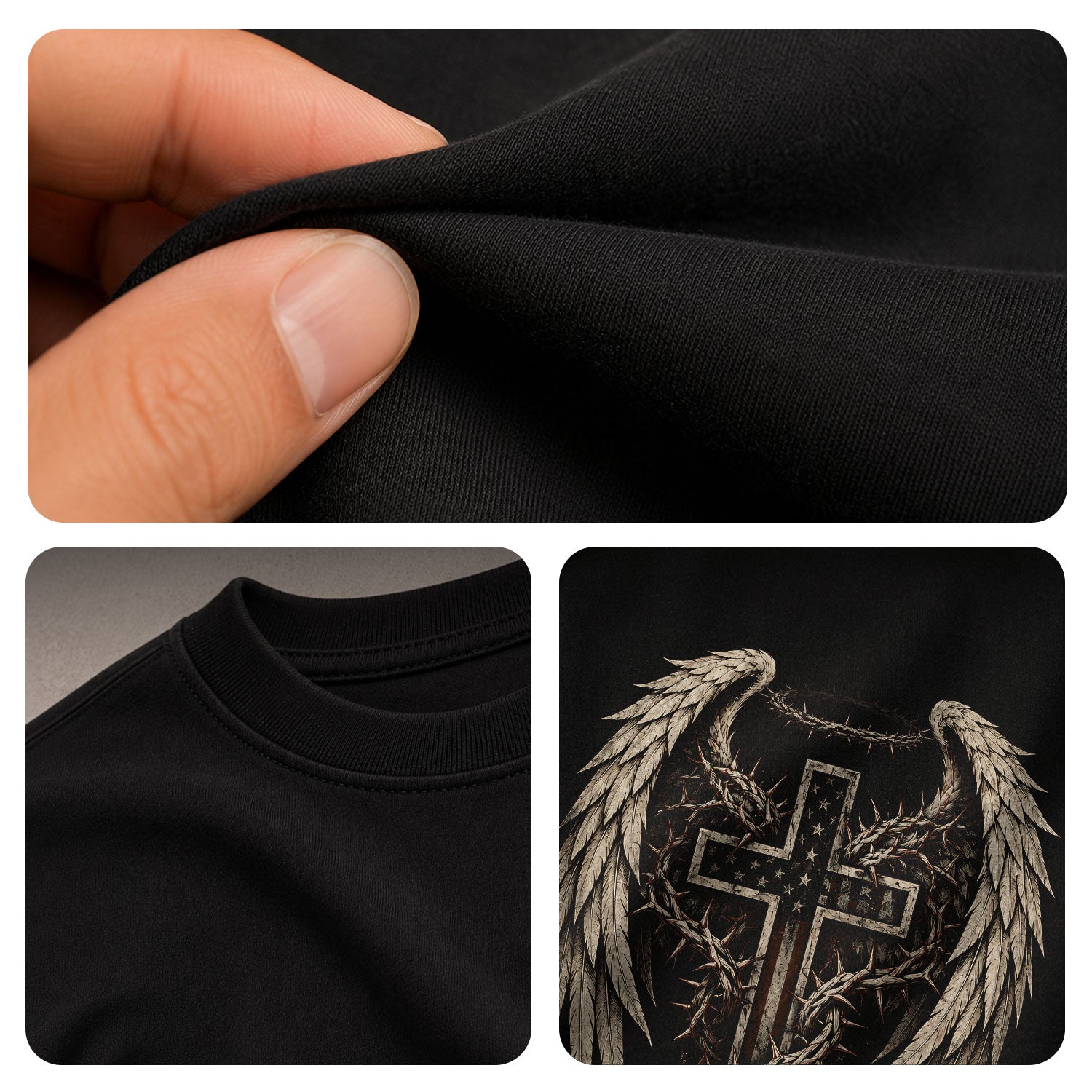 Faith Over Fear Shirt Men Christian T-Shirt Angel Wings Cross Thorns Religious Graphic Tee