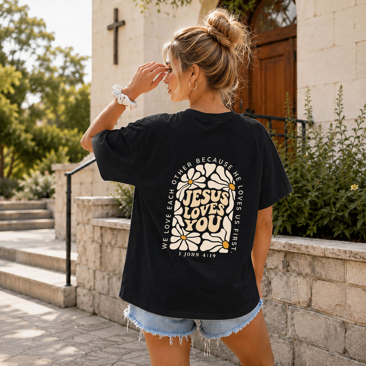 Jesus Loves You Retro Daisy Floral 1 John 4 19 Scripture Christian T Shirt Apparel Women - Rust Field Wear