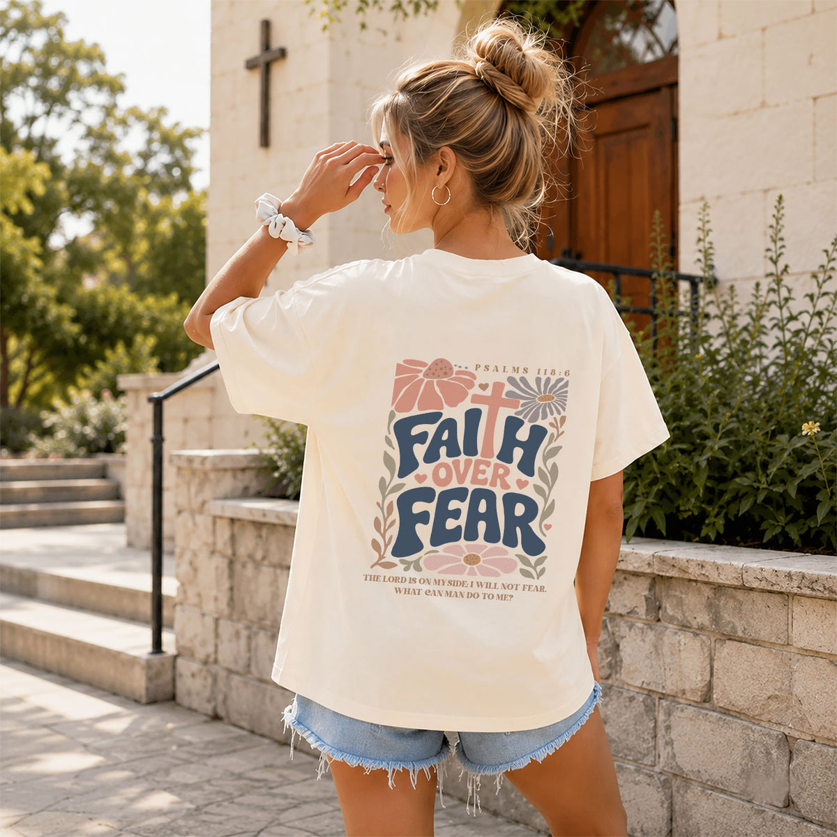 Faith Over Fear Shirt Christian Women Floral Cross Shirt Retro Psalm 118 Bible Verse Tee - Rust Field Wear