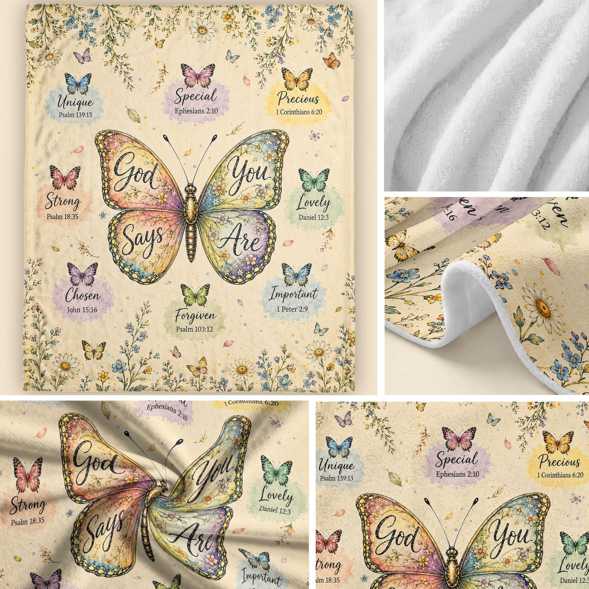 God Says You Are Butterfly Blanket with Bible Verses and Christian Floral Artwork upsale - Rust Field Wear