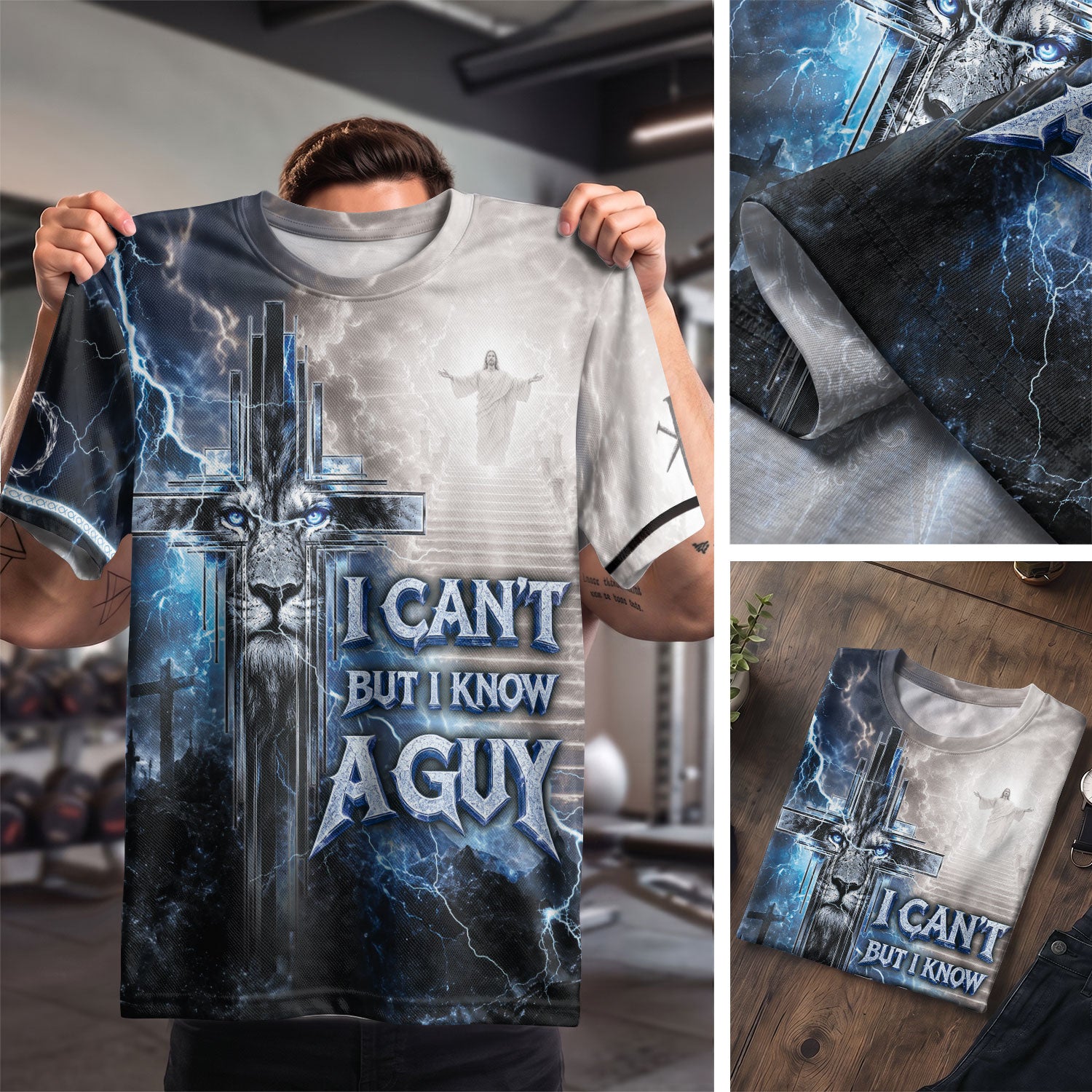 Christian Blue Lightning Lion Cross 3D Men Shirt I Can't But I Know A Guy Jesus Print Tee