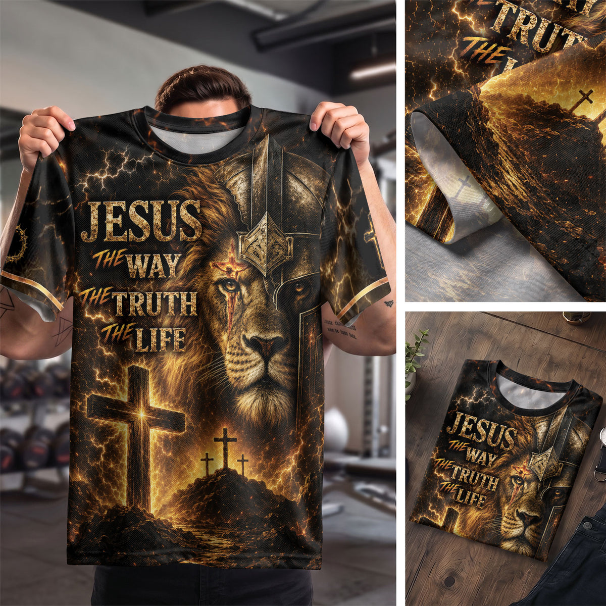Jesus The Way The Truth The Life Lion Warrior Cross Christian 3D Graphic Tee Shirt Men - Rust Field Wear