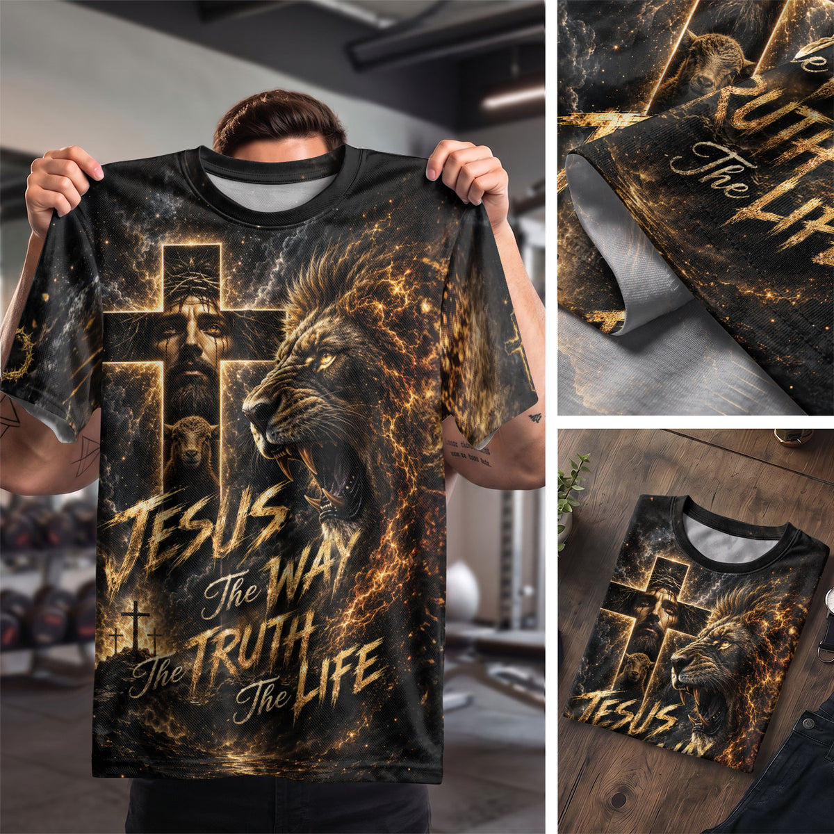 Jesus The Way The Truth The Life Lion Lamb Cross Christian 3D Graphic Tee Shirt Men - Rust Field Wear