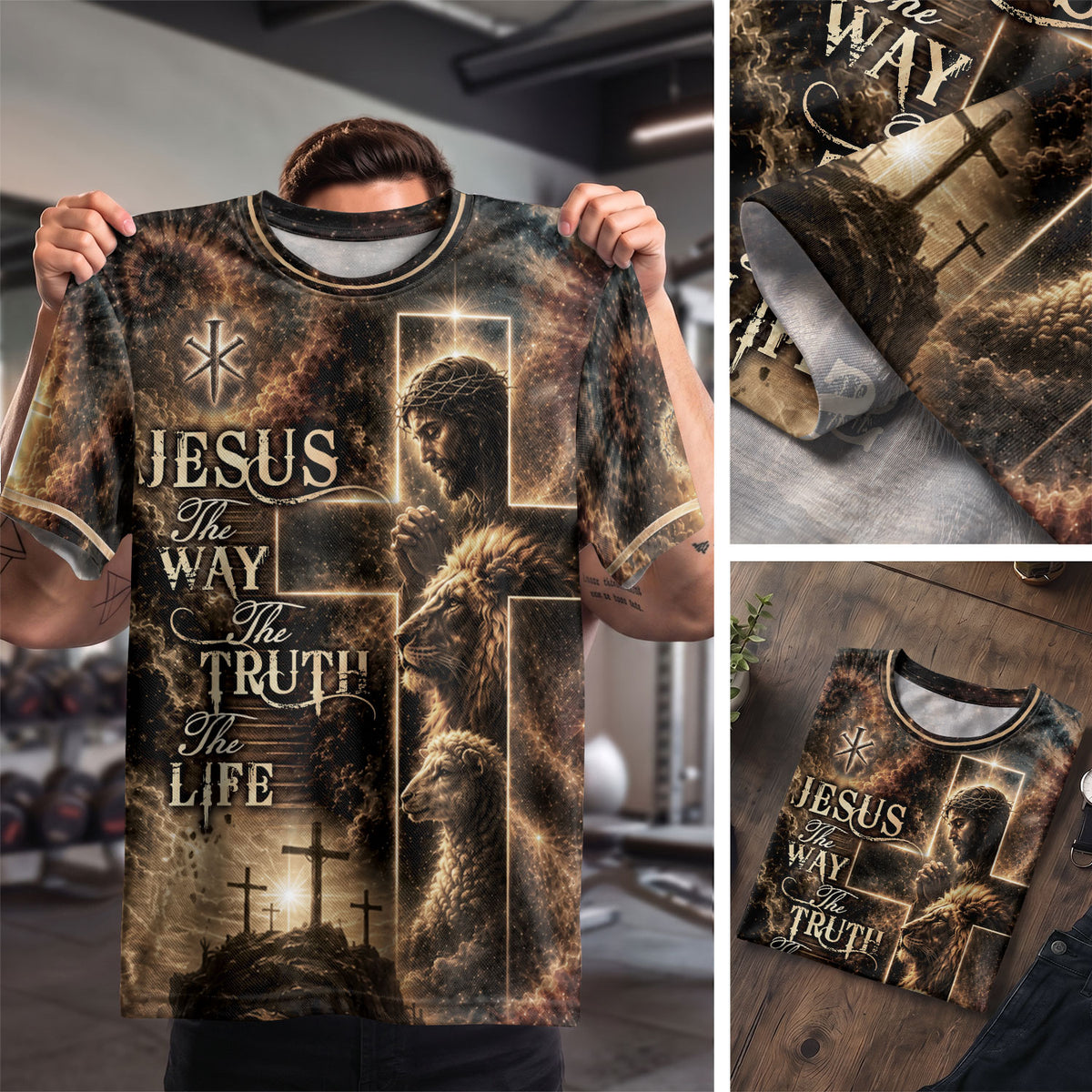 Jesus The Way The Truth The Life Christian Lion Lamb Cross 3D Graphic Shirt for Men - Rust Field Wear