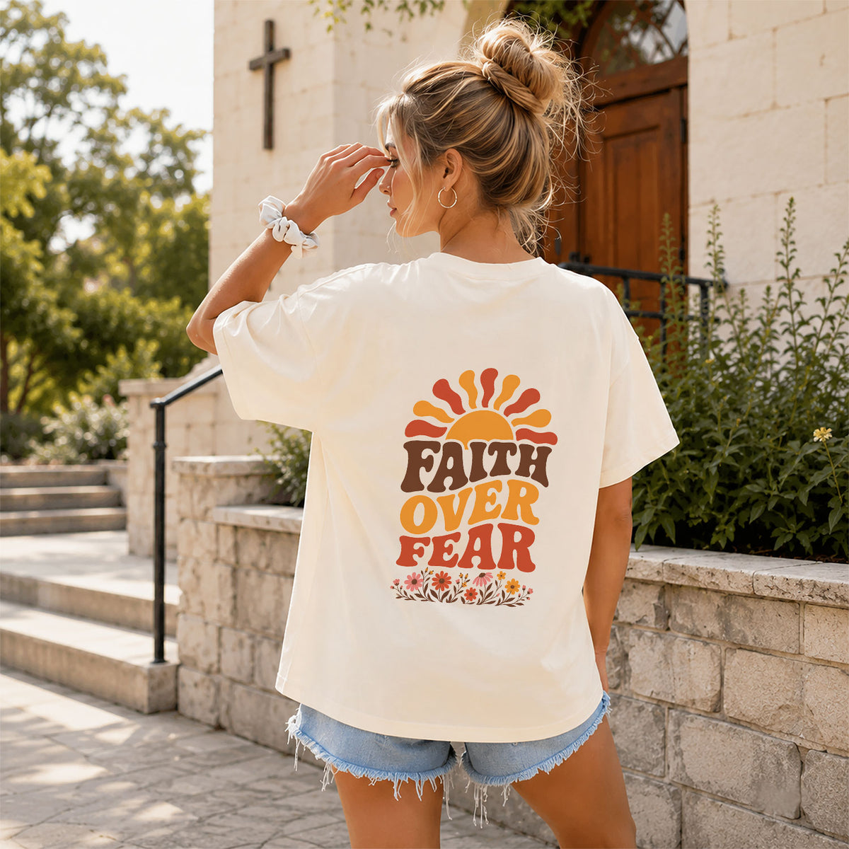 Faith Over Fear Retro Sun Floral Christian Graphic Casual Crewneck Tee Shirt Women - Rust Field Wear