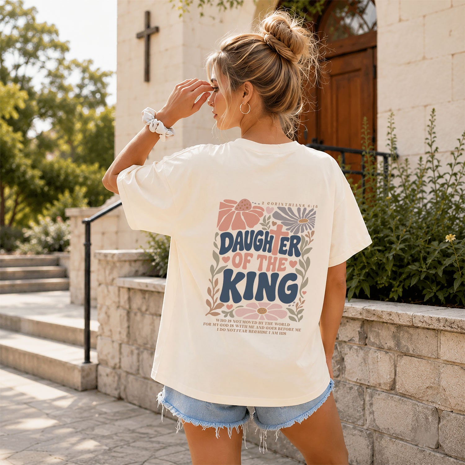 Daughter Of The King Retro Floral Cross Christian Graphic Everyday Tee Shirt Women - Rust Field Wear