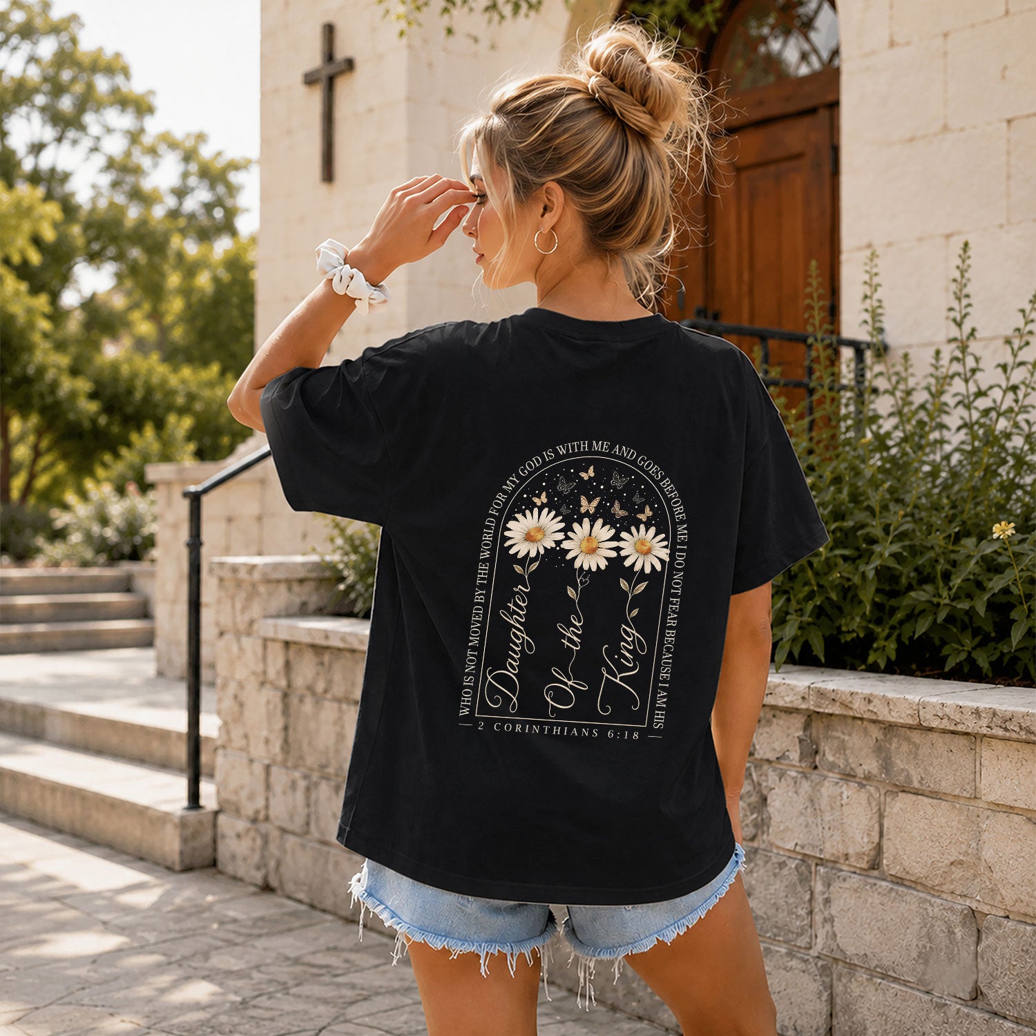 Daughter Of The King Daisy Butterfly Christian Graphic Everyday Tee Shirt For Women - Rust Field Wear