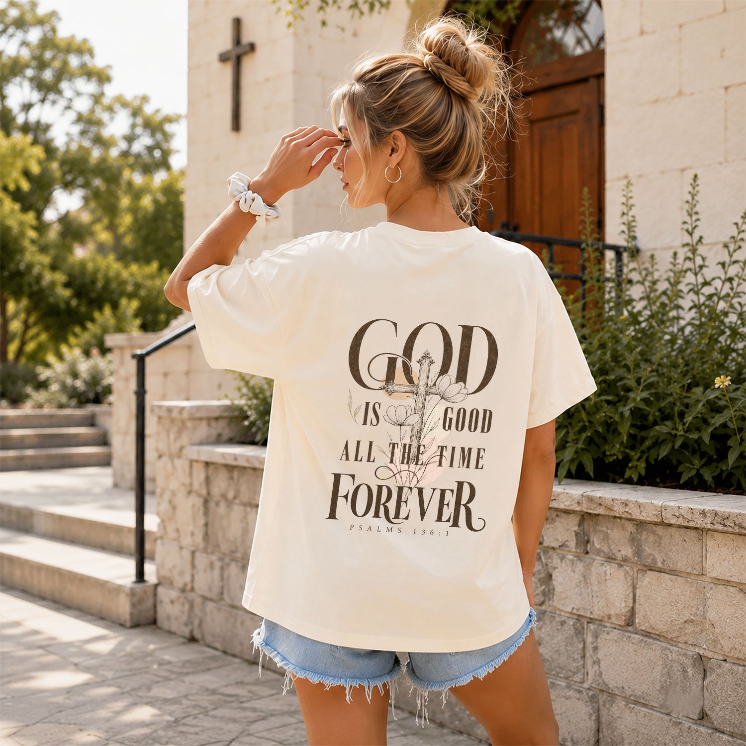 God Is Good Shirt Women Floral Cross Christian T-Shirt Faith Psalms 136 Scripture Tee - Rust Field Wear